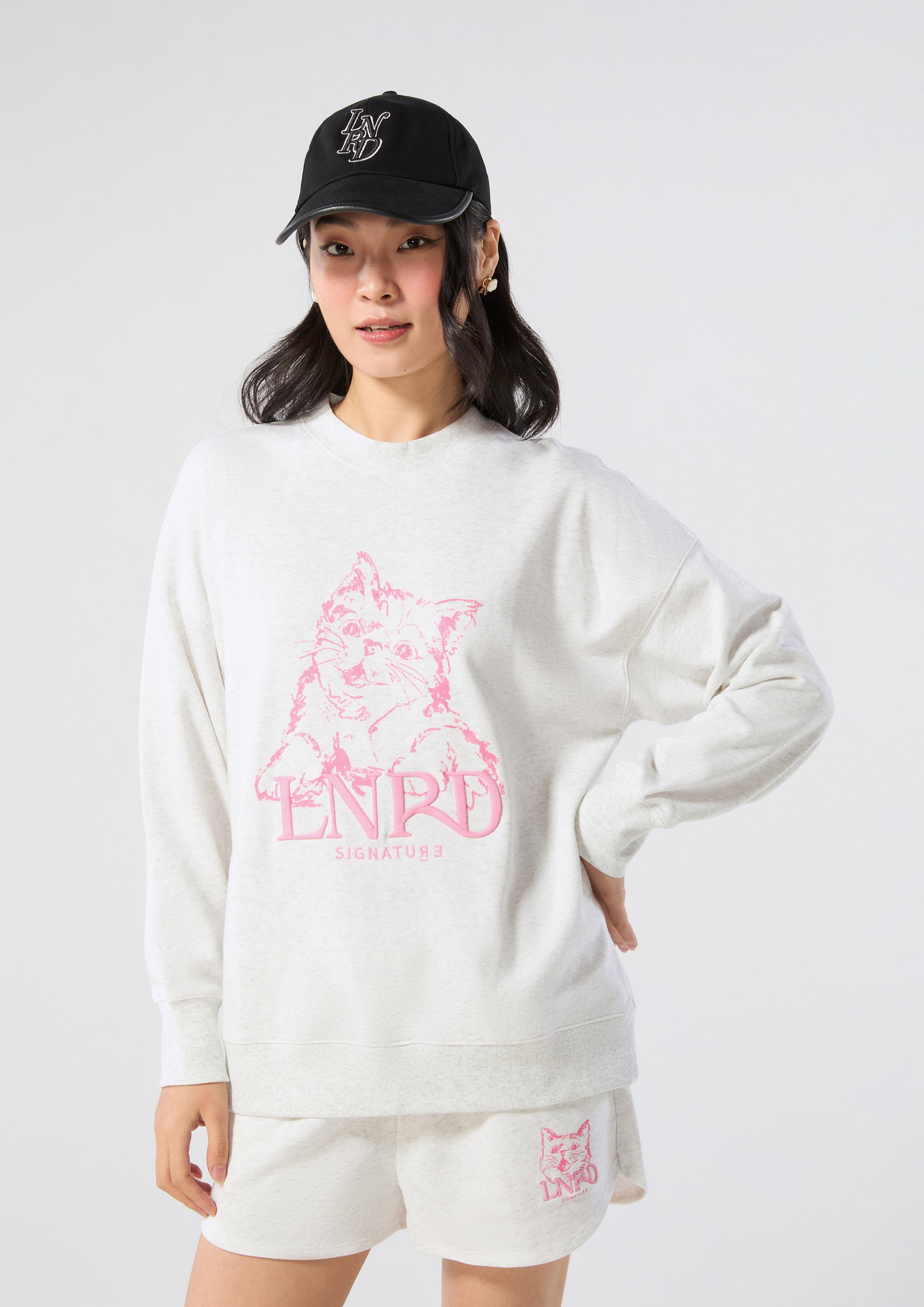 Cat Print With Logo Embroidery Pullover Lnrd Signature Light Grey