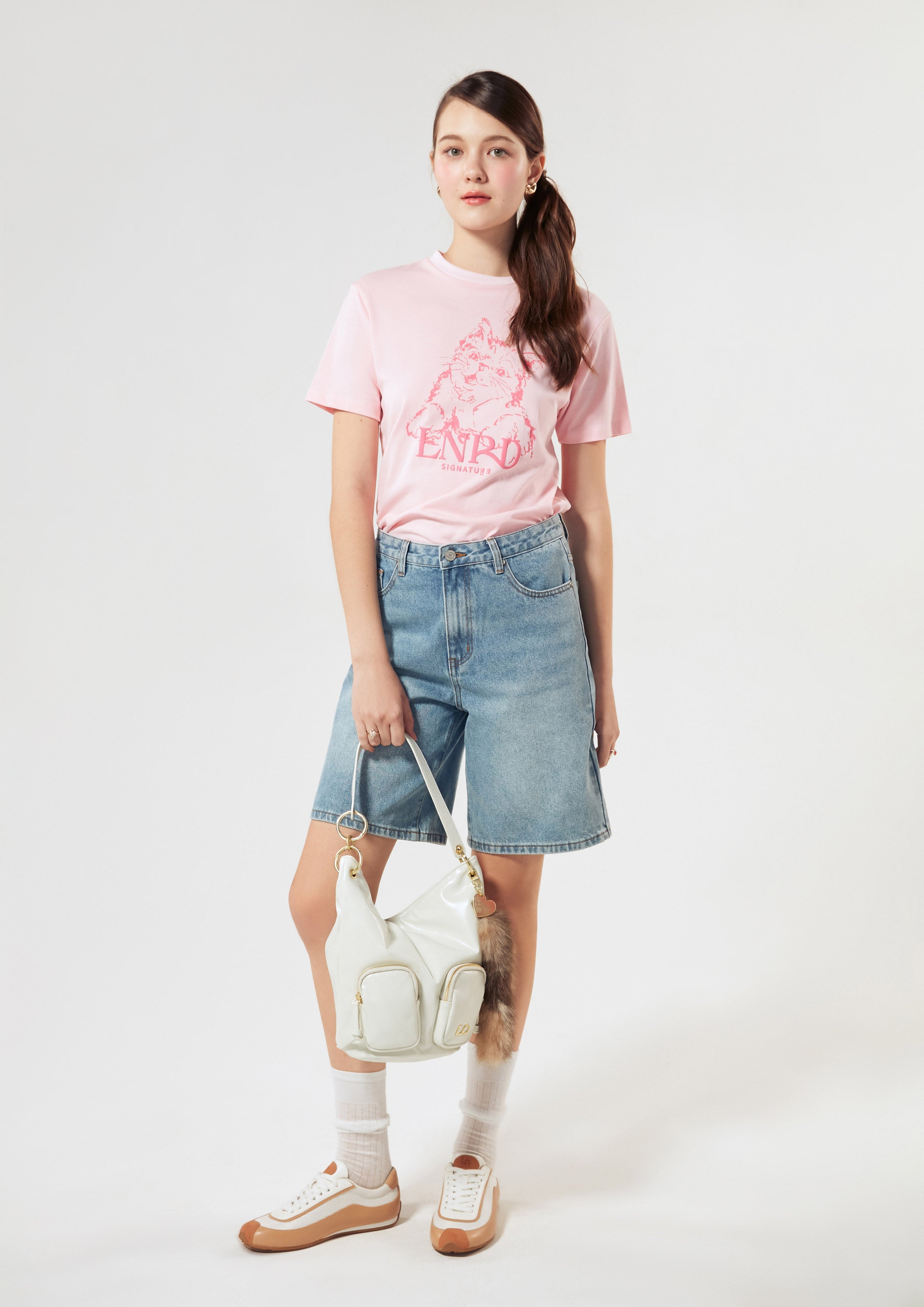 Cat Print With Logo Slim Fit T-Shirt Lnrd Signature Pink