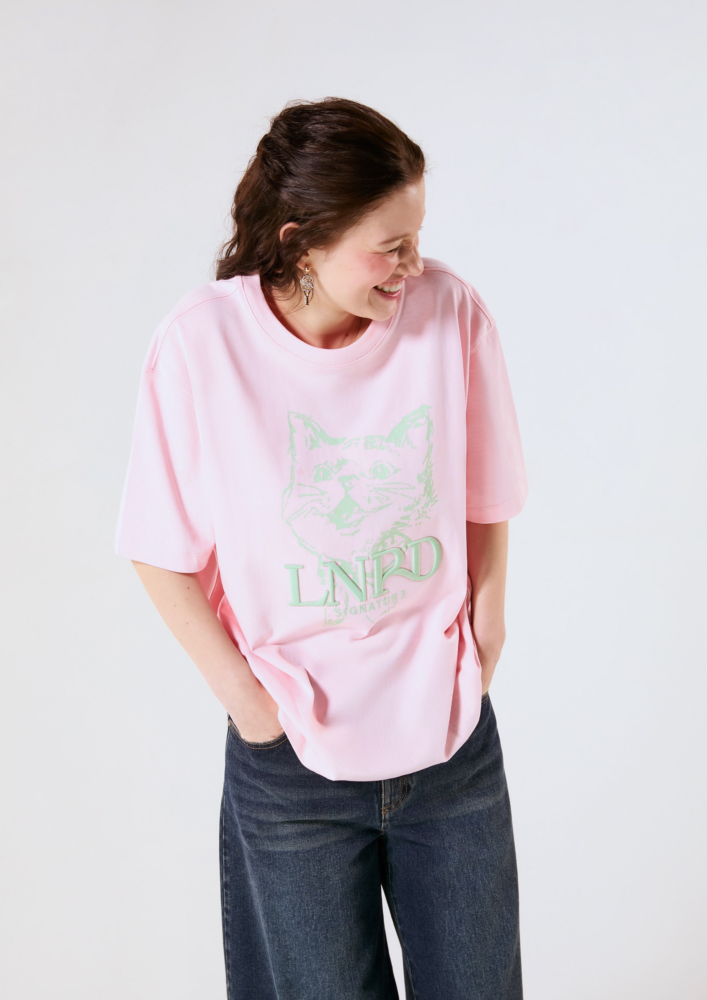 Tabby Cat Logo Oversized T-Shirt Signature Pink