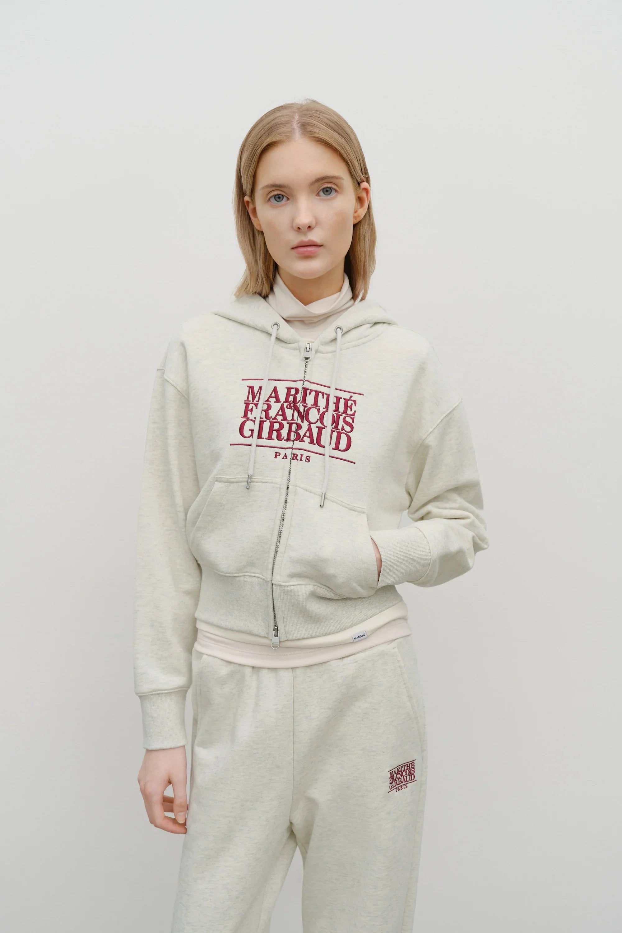 W Embro Cl Crop Hoodie Zipup Oatmeal