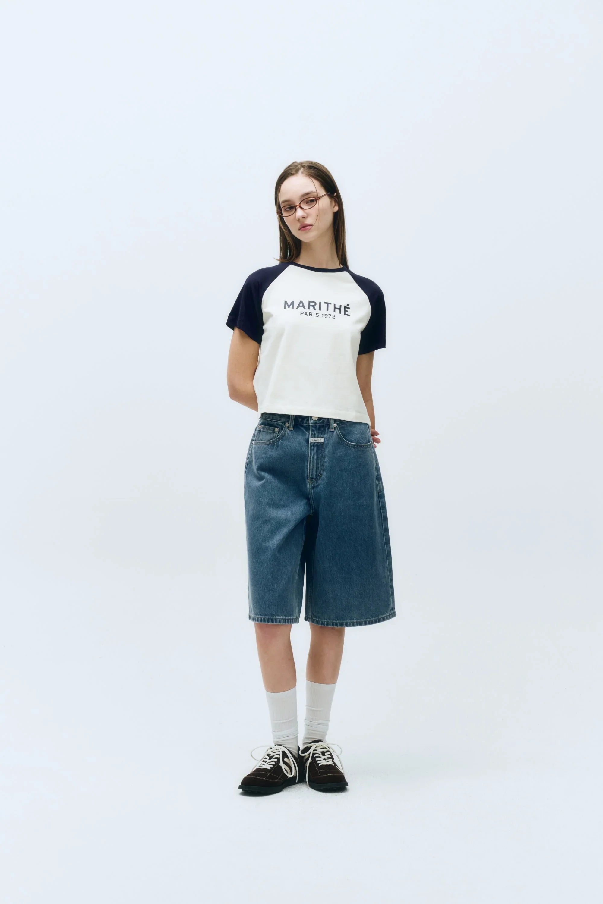 W Regular Logo Raglan Crop Tee Navy