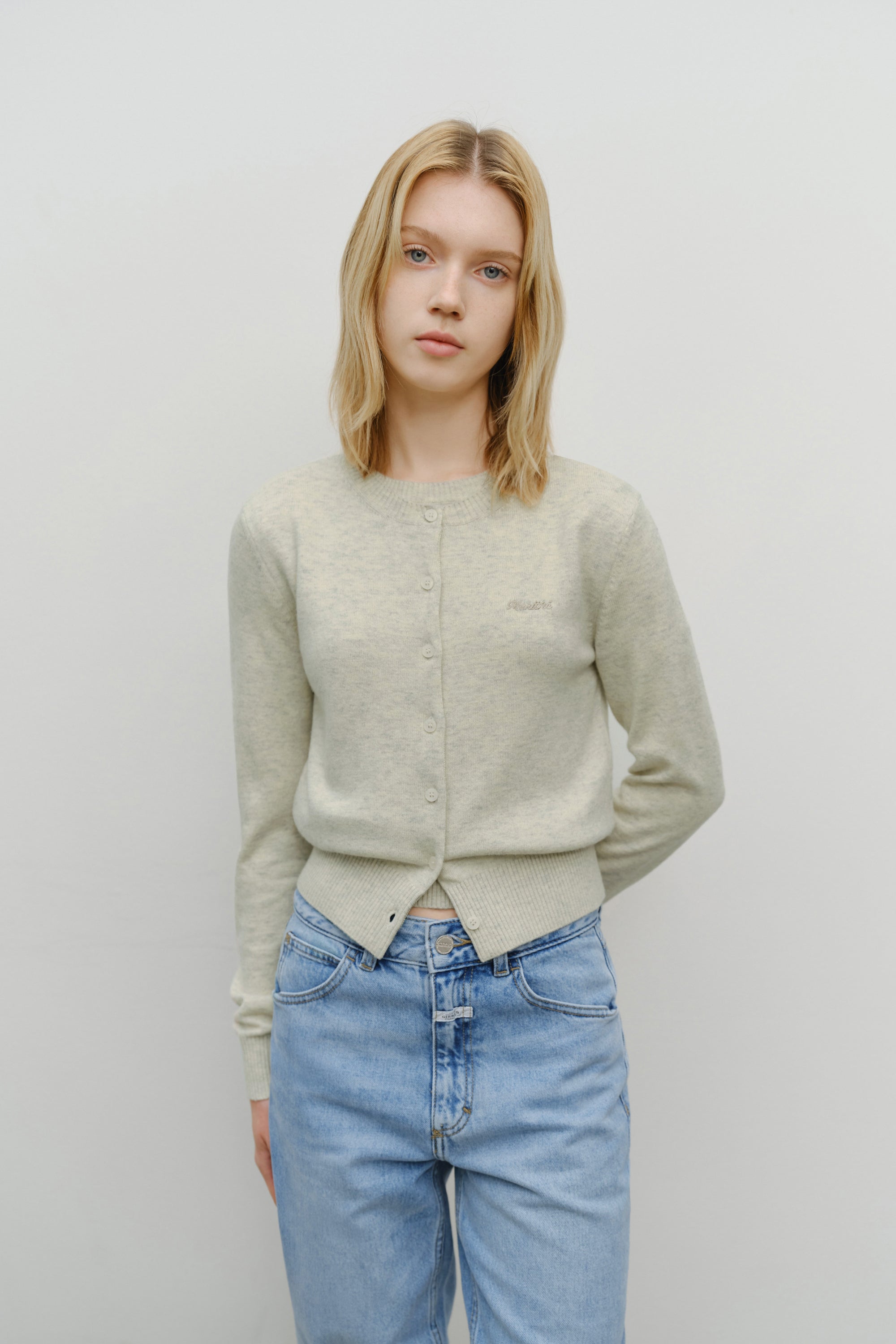 W Half Knit Round Neck Cardigan Set Up Oatmeal