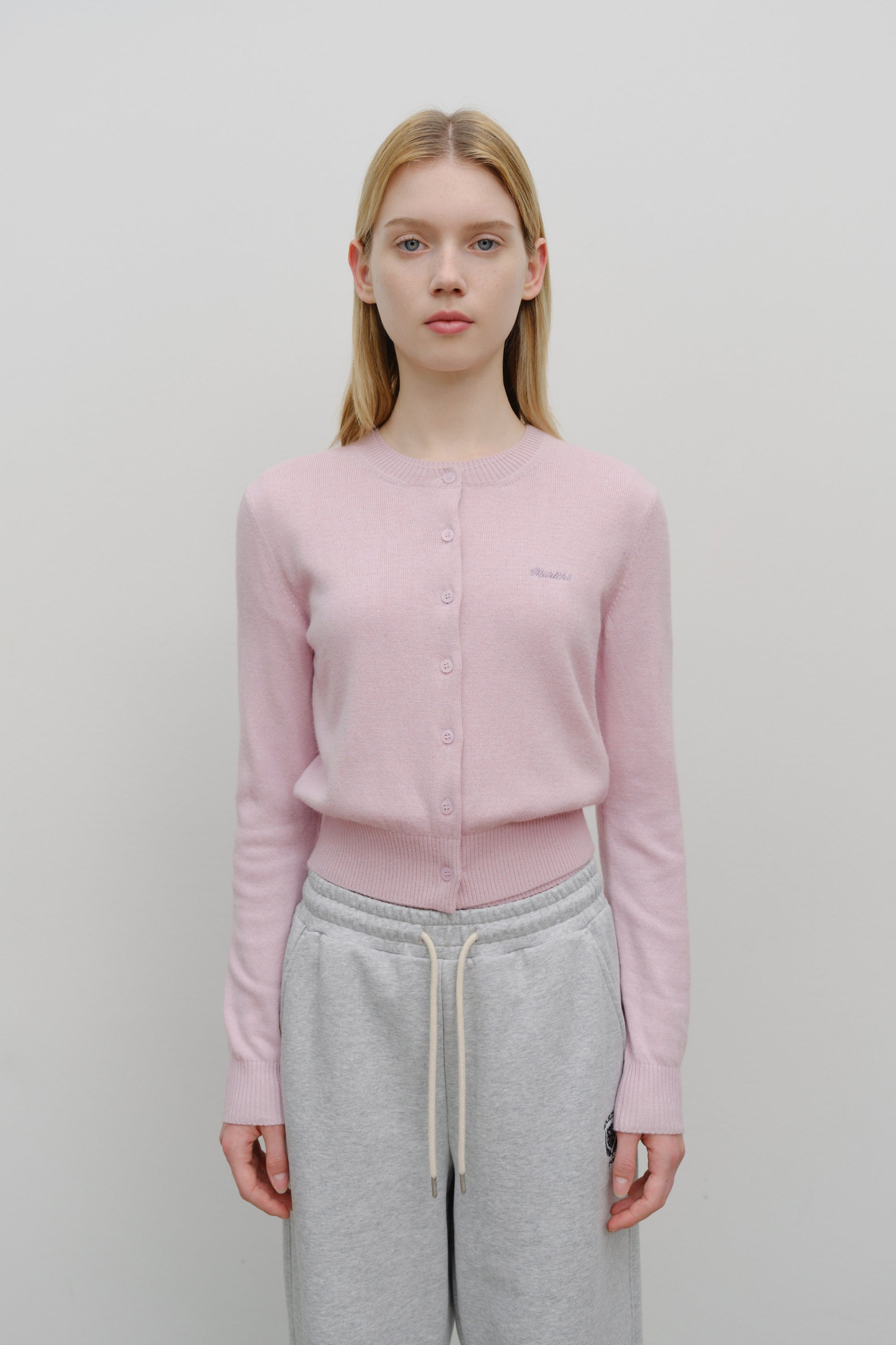 W Half Knit Round Neck Cardigan Set Up Pink