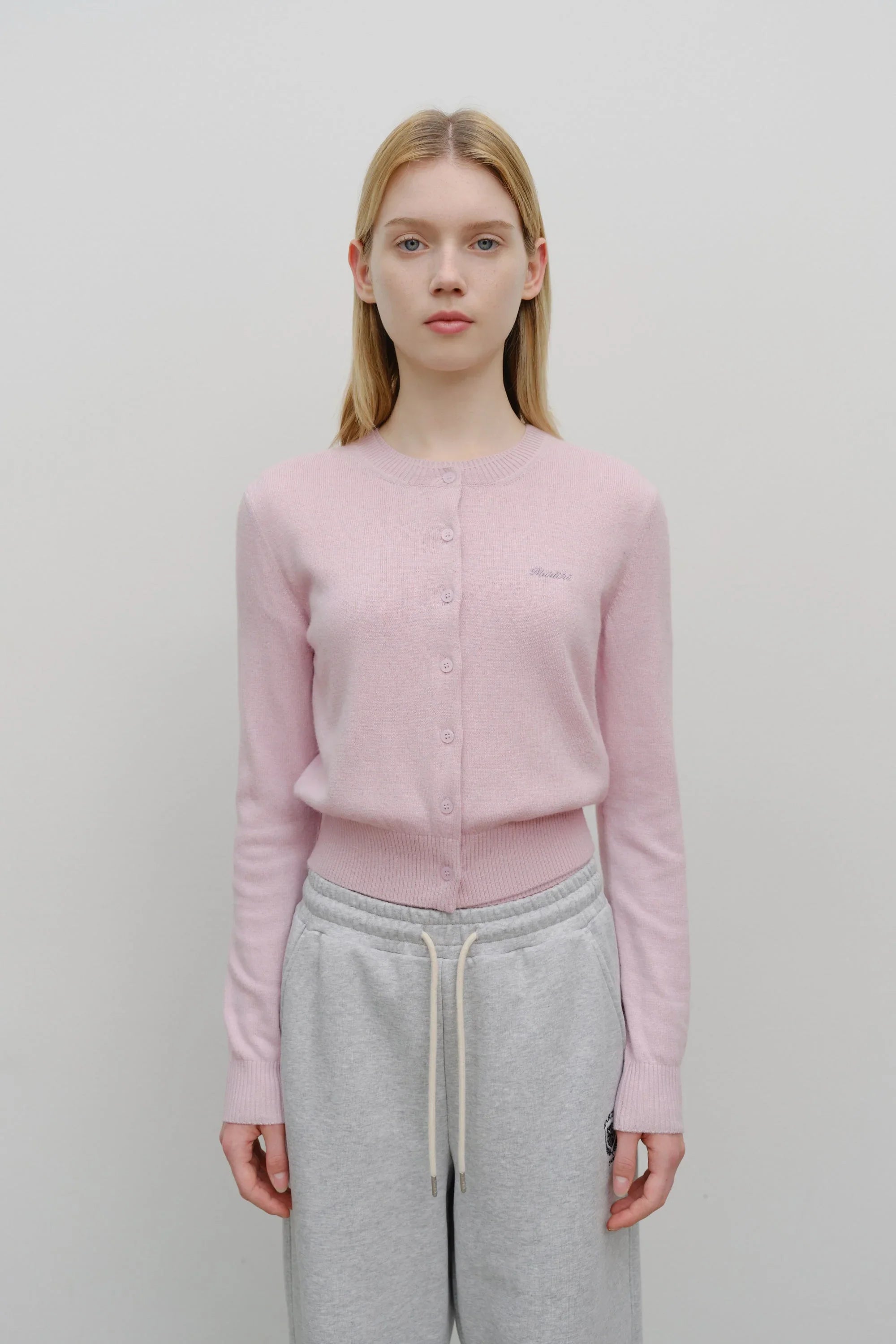 W Half Knit Round Neck Cardigan Set Up Pink