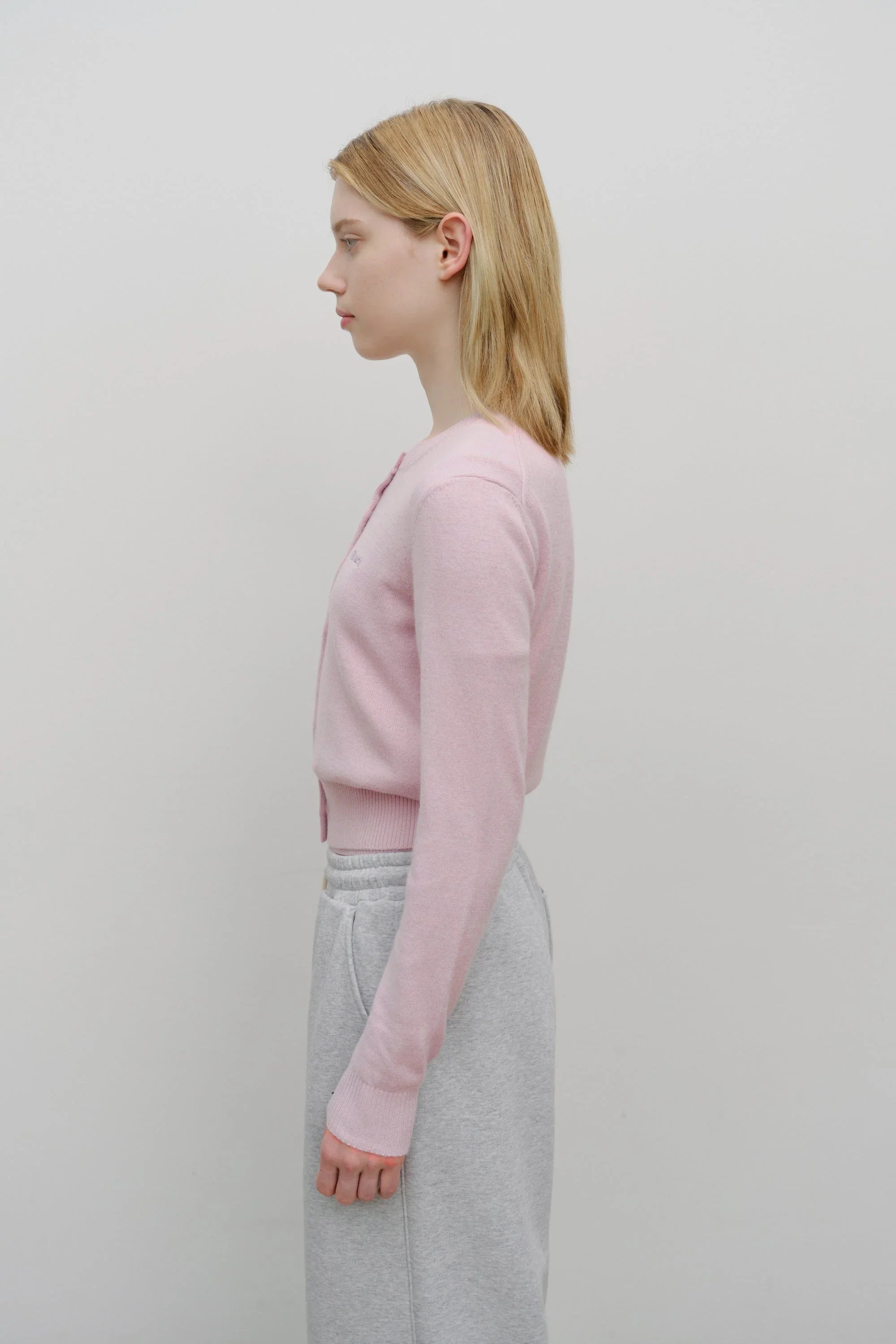 W Half Knit Round Neck Cardigan Set Up Pink