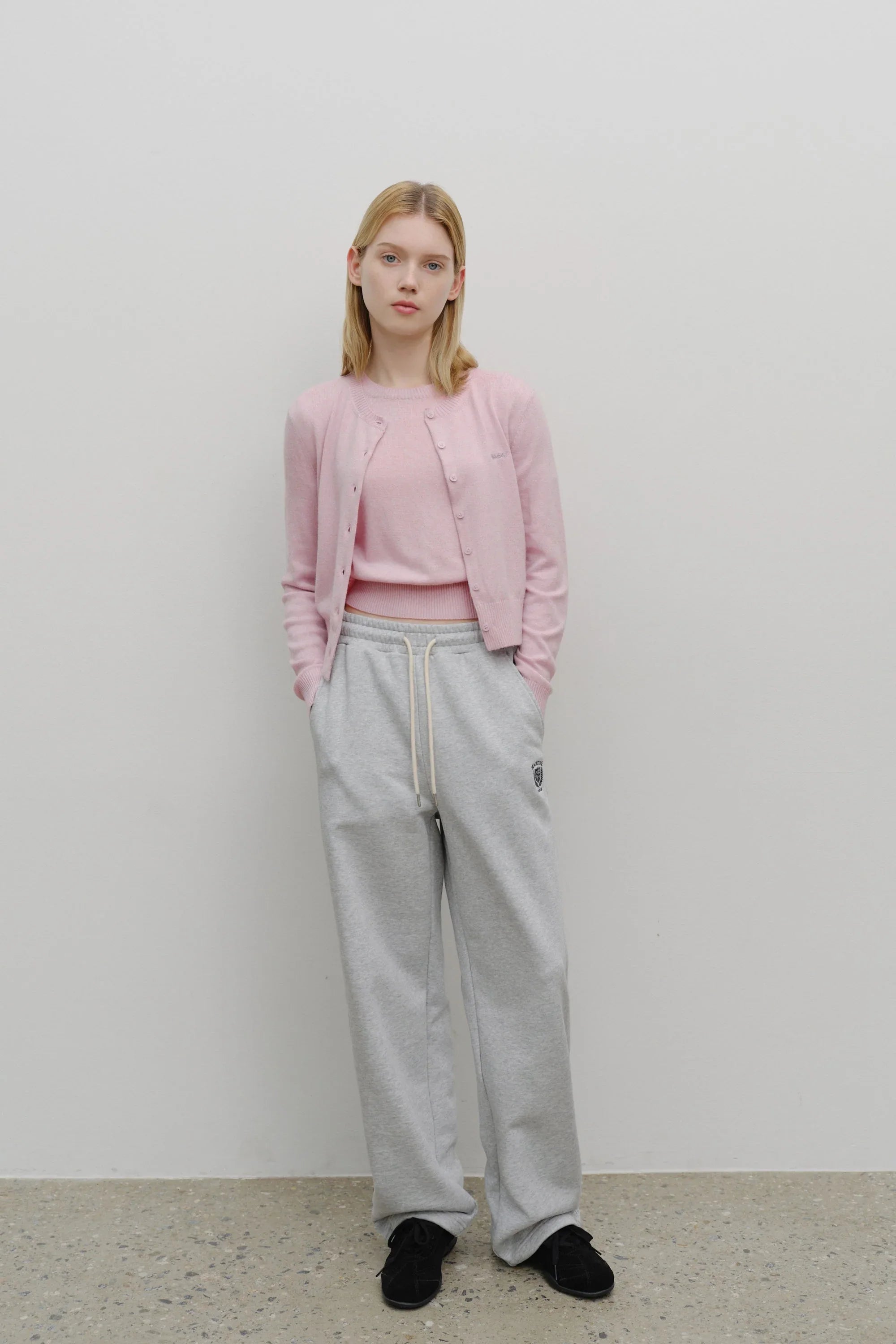 W Half Knit Round Neck Cardigan Set Up Pink