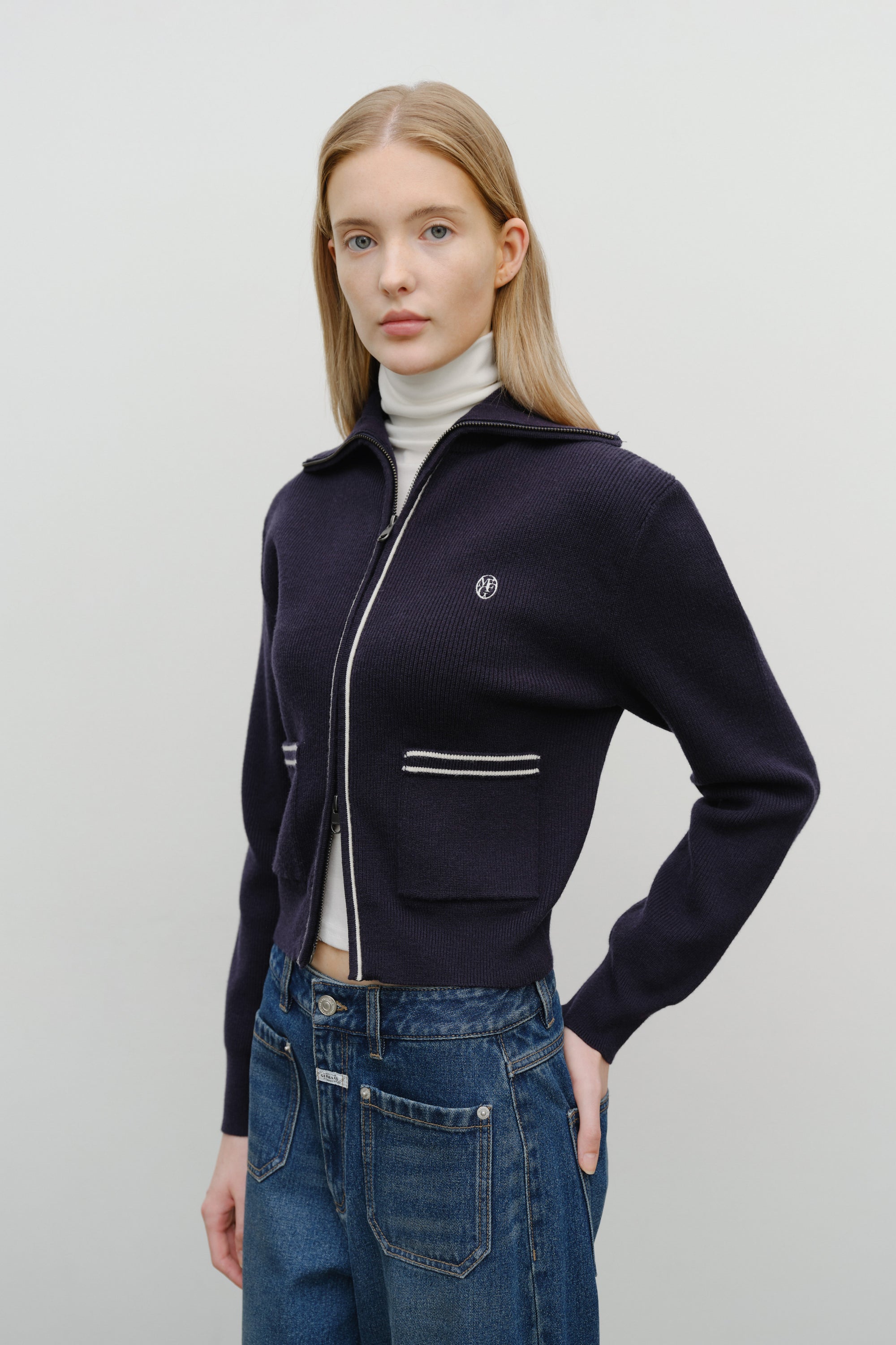 W Big Collar Zip-Up Cardigan Navy