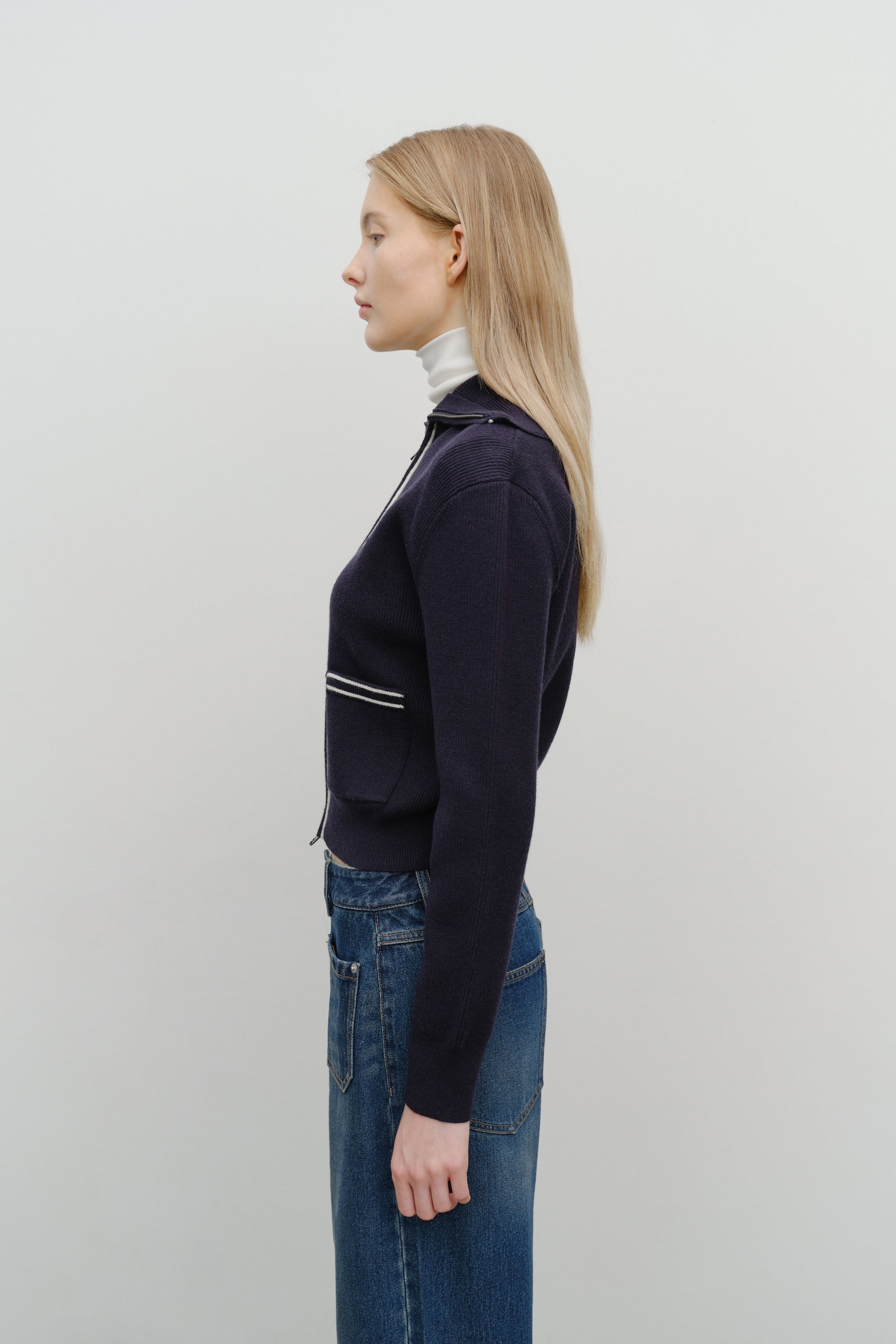 W Big Collar Zip-Up Cardigan Navy