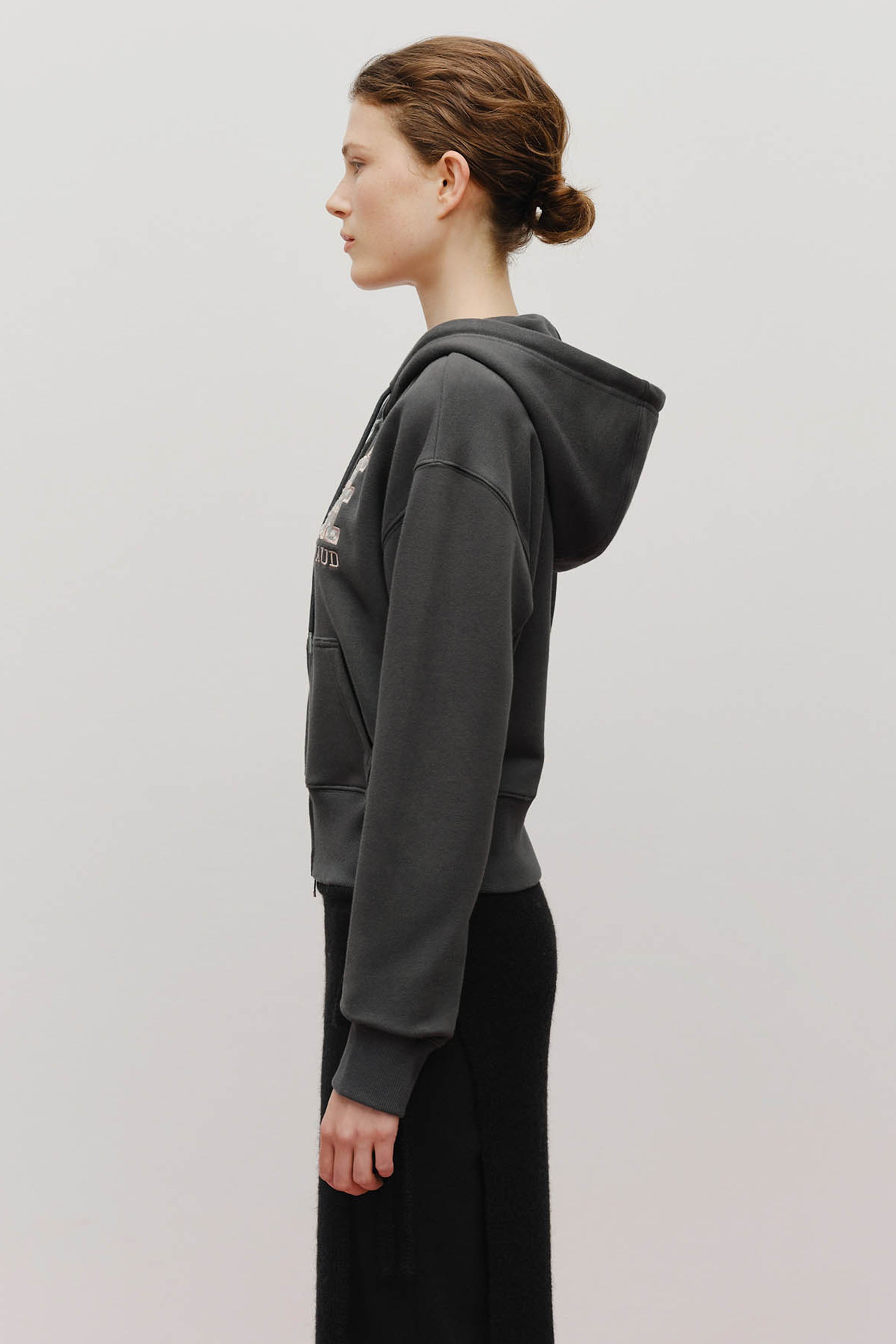 W Lace Applique Crop Hoodie Zipup Charcoal