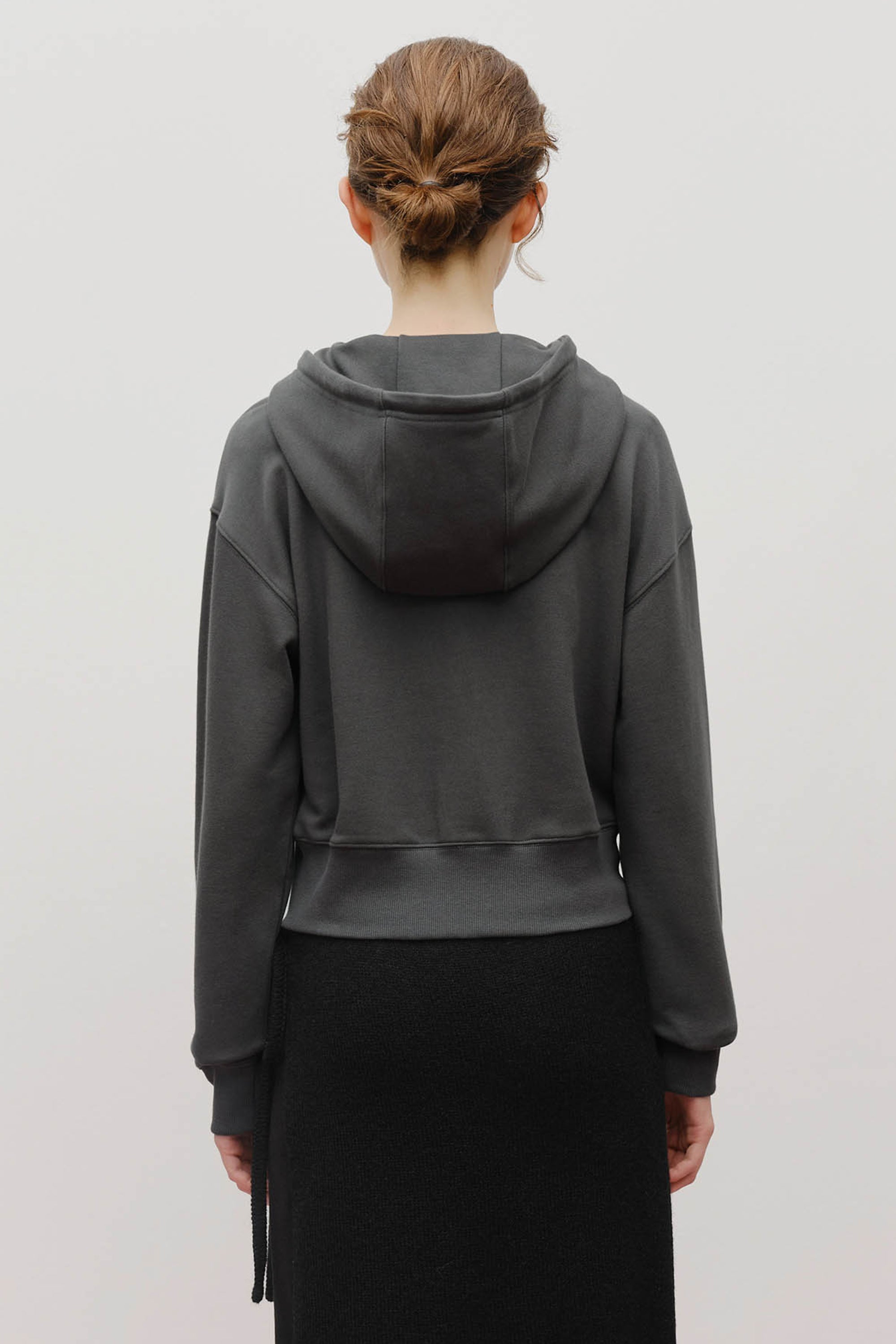 W Lace Applique Crop Hoodie Zipup Charcoal