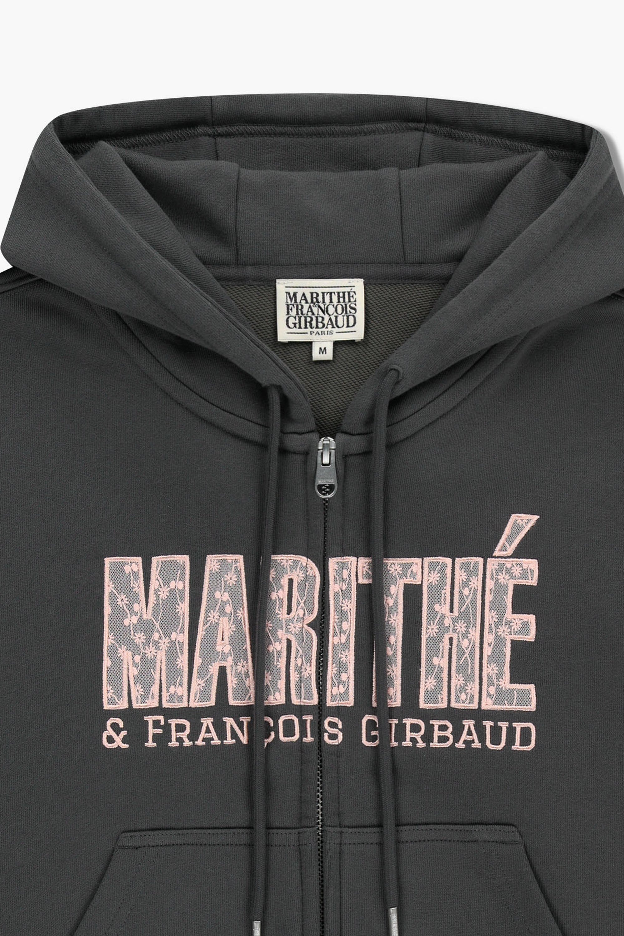 W Lace Applique Crop Hoodie Zipup Charcoal