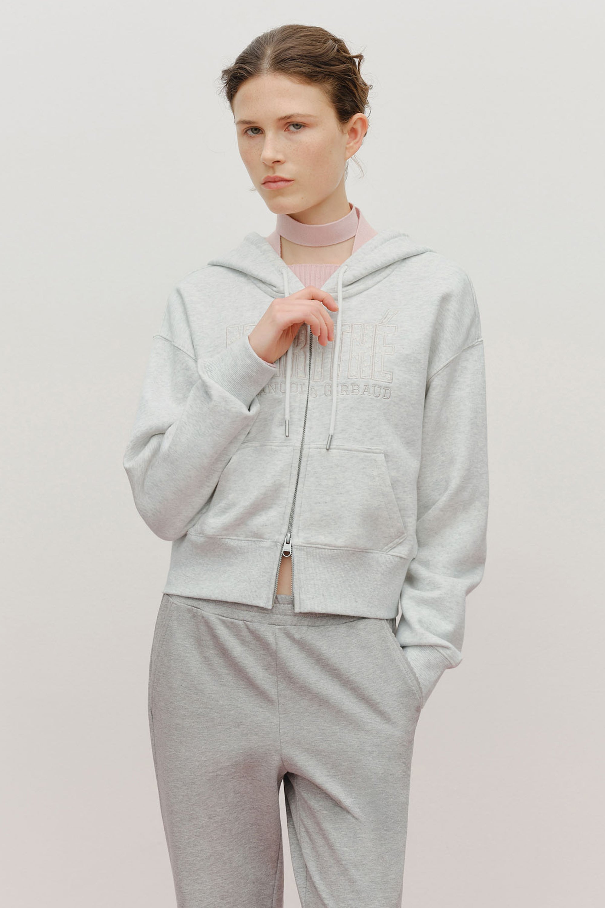 W Lace Applique Crop Hoodie Zipup Light Heather Gray