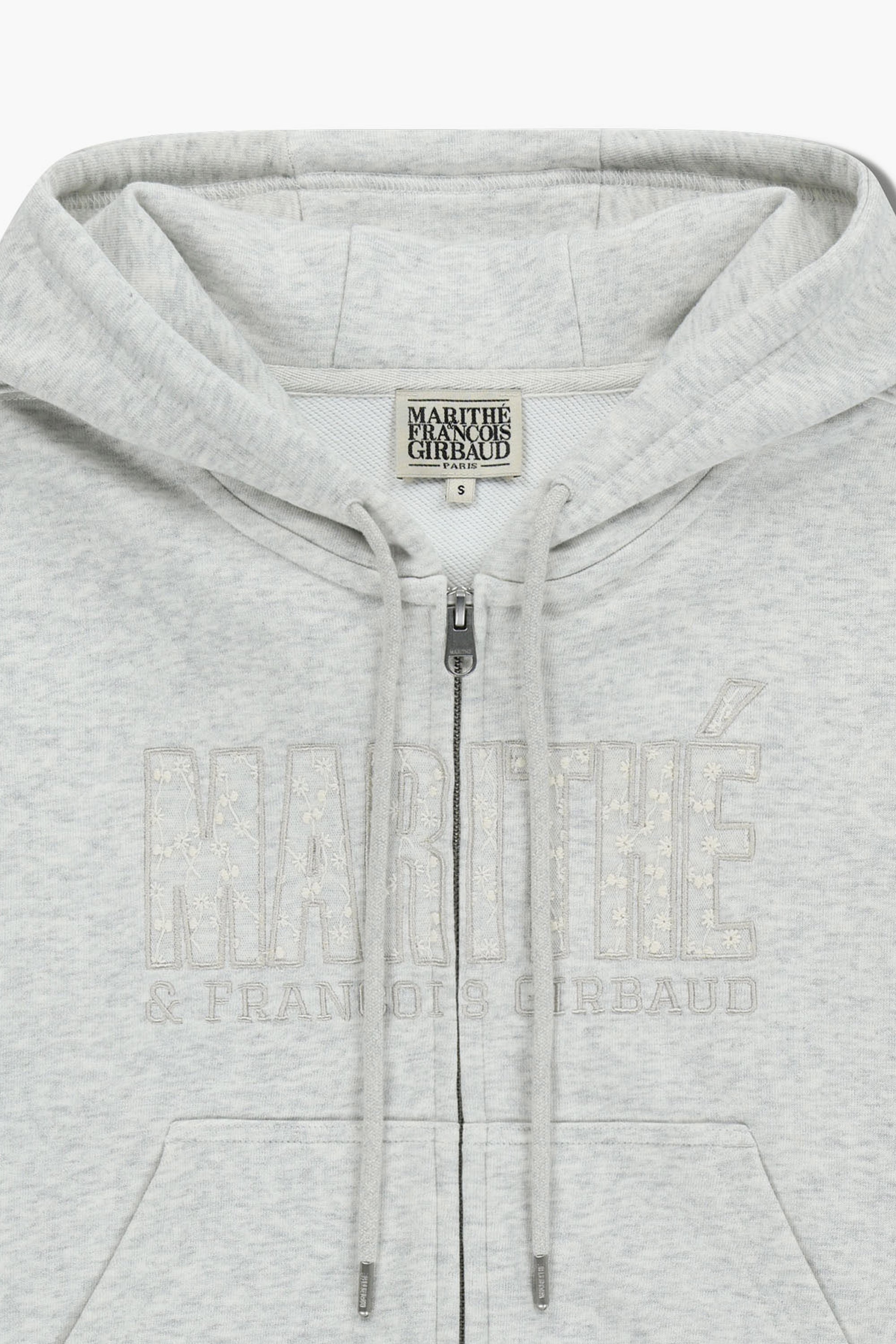 W Lace Applique Crop Hoodie Zipup Light Heather Gray