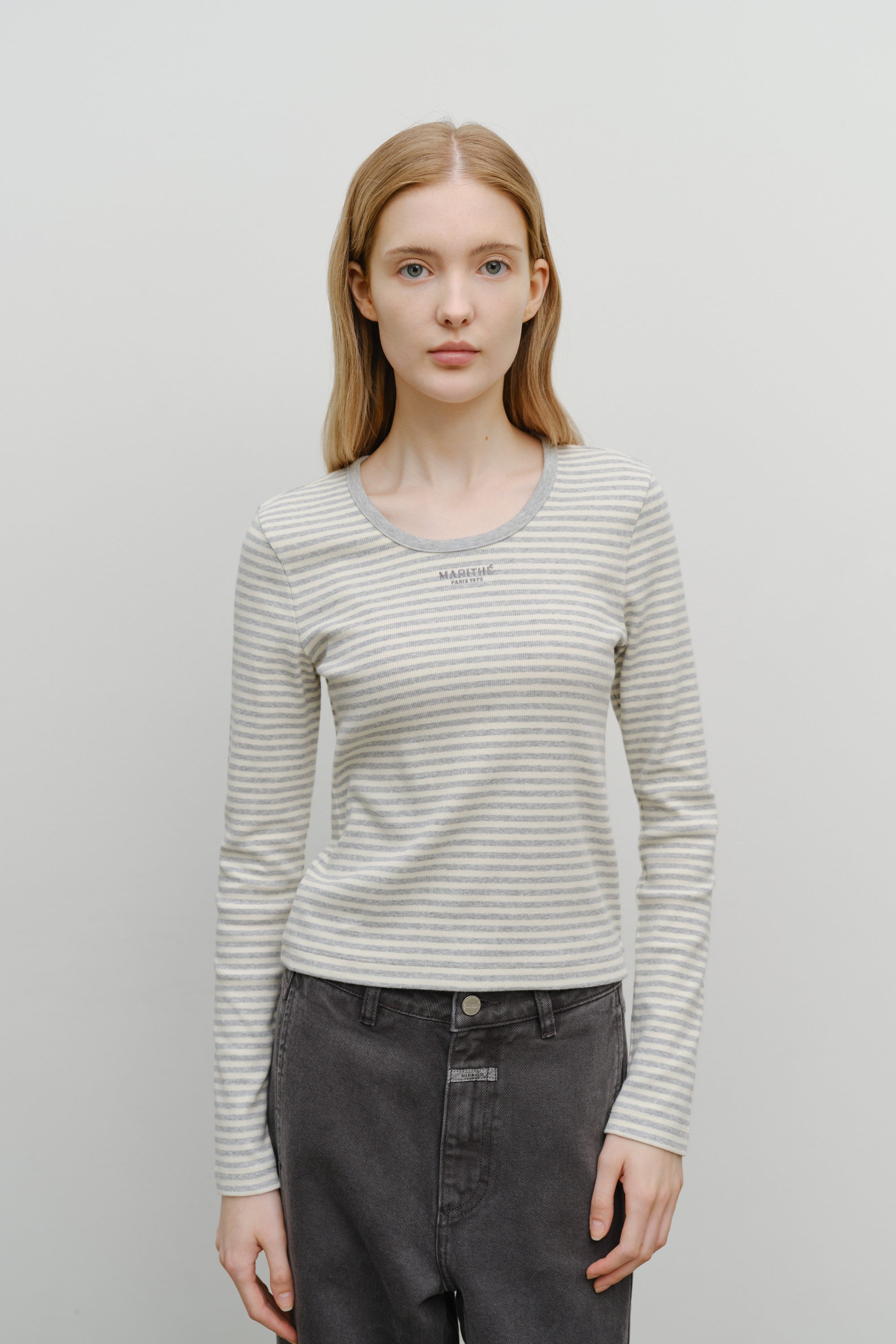 W Deep Neck Long Sleeve Heather Gray