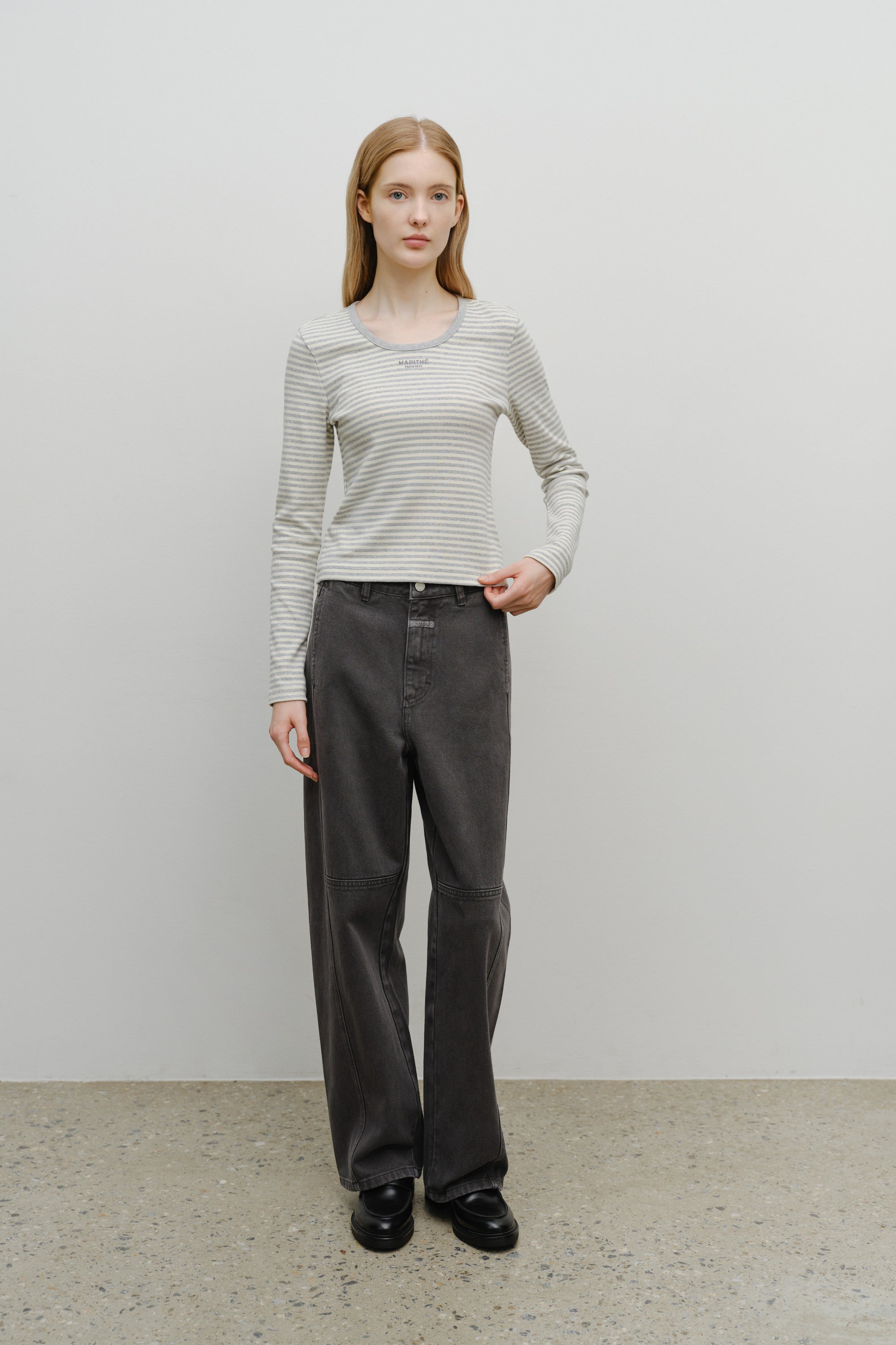 W Deep Neck Long Sleeve Heather Gray