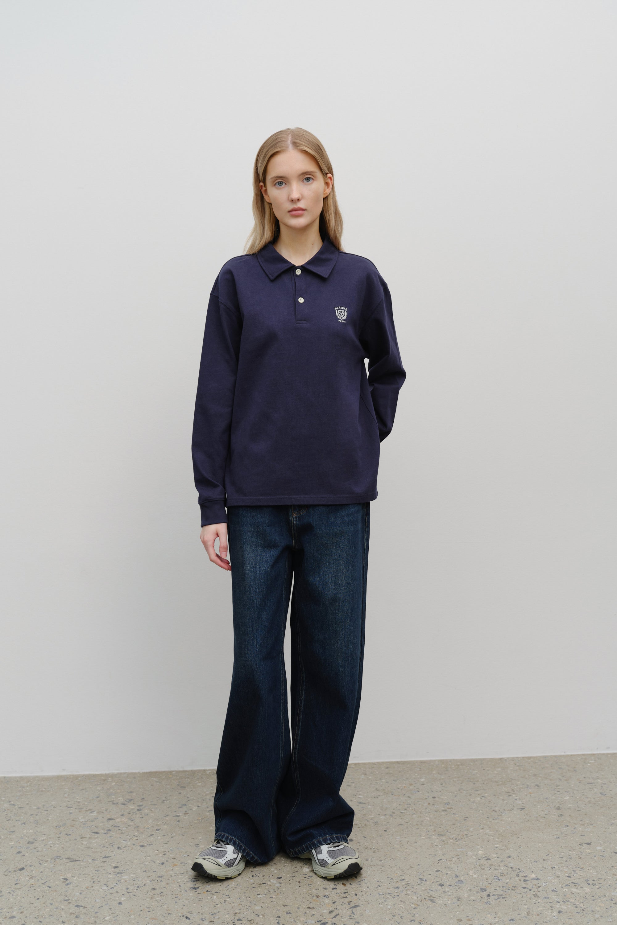 Crest Logo Jersey Polo Long Sleeve Navy