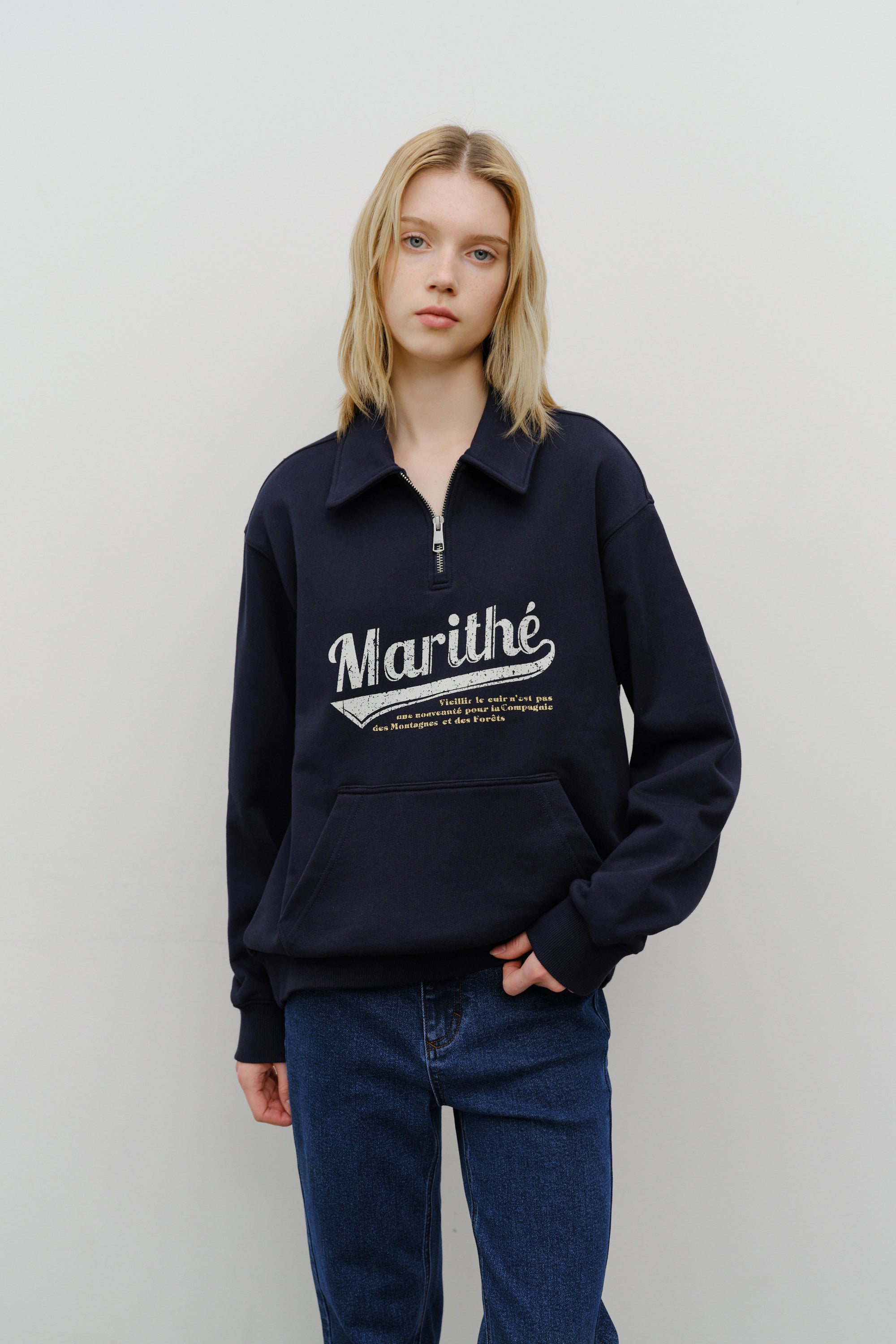Baseball Logo Collar Half Zipup Sweatshirt Navy