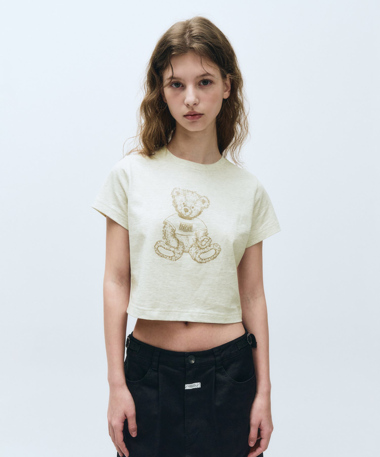W Doodle Bear Crop Tee Oatmeal