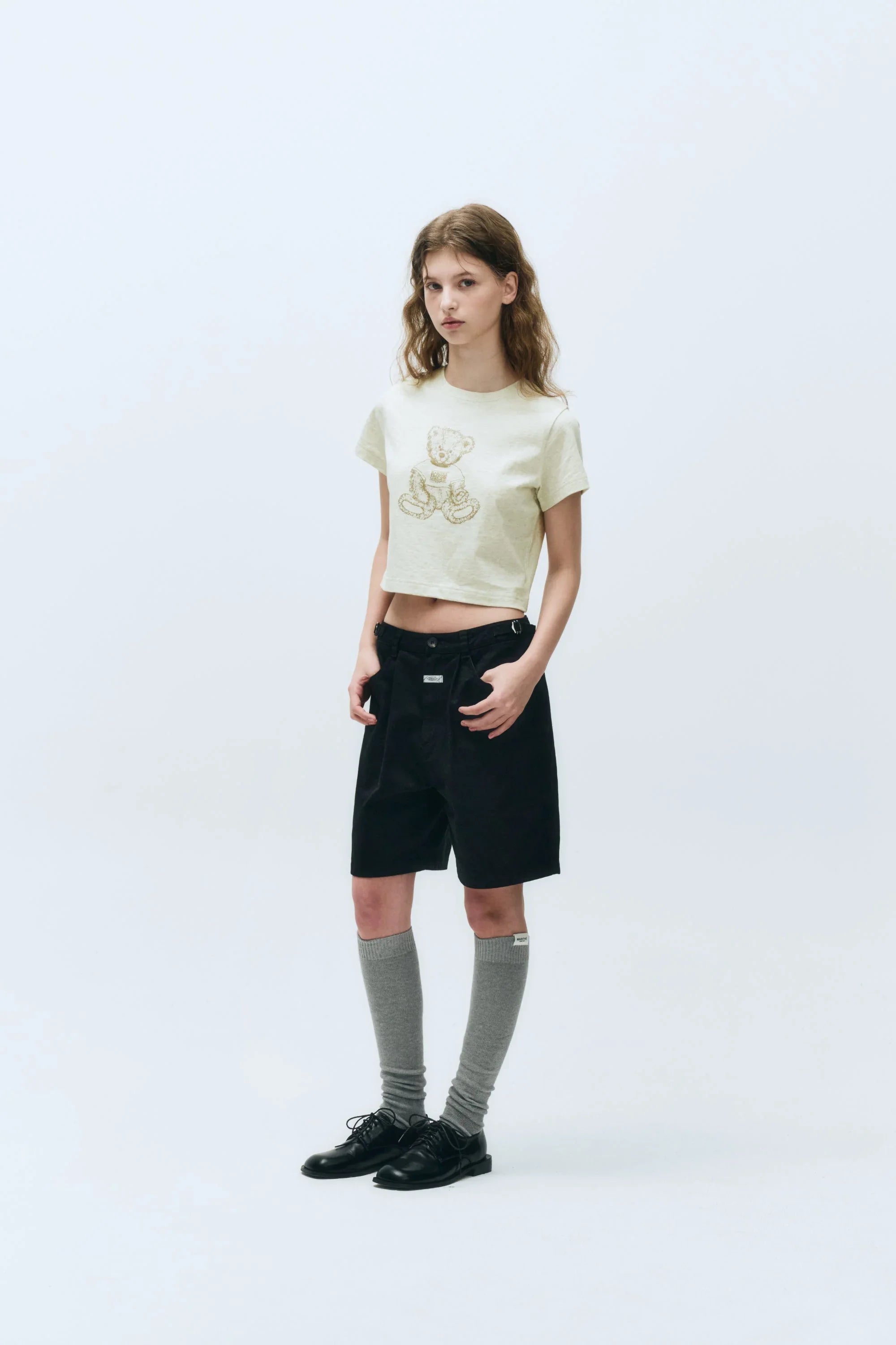 W Doodle Bear Crop Tee Oatmeal