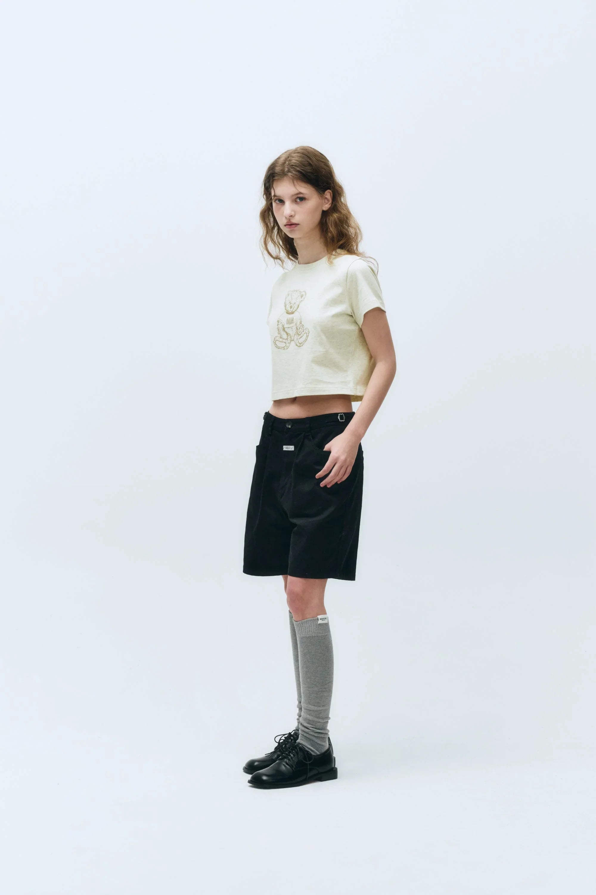 W Doodle Bear Crop Tee Oatmeal