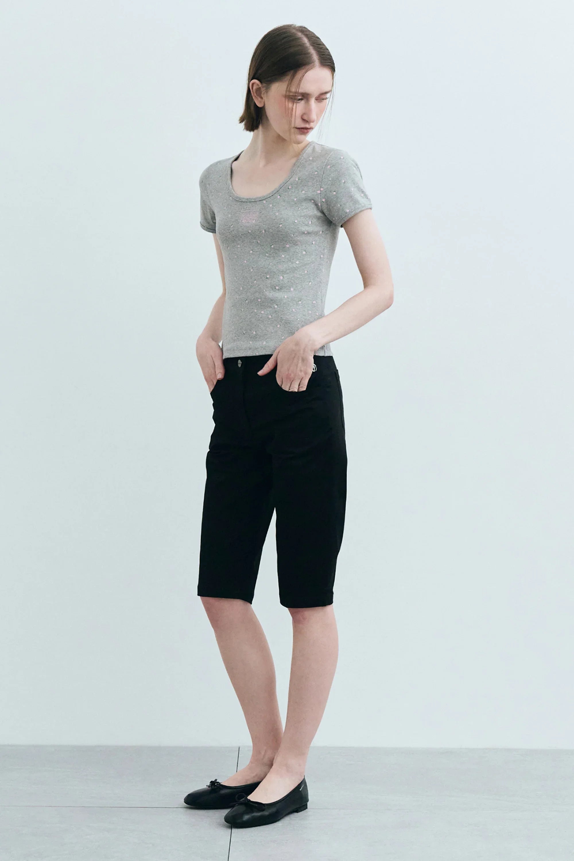 W Flower Short Sleeve Tee Melange Gray