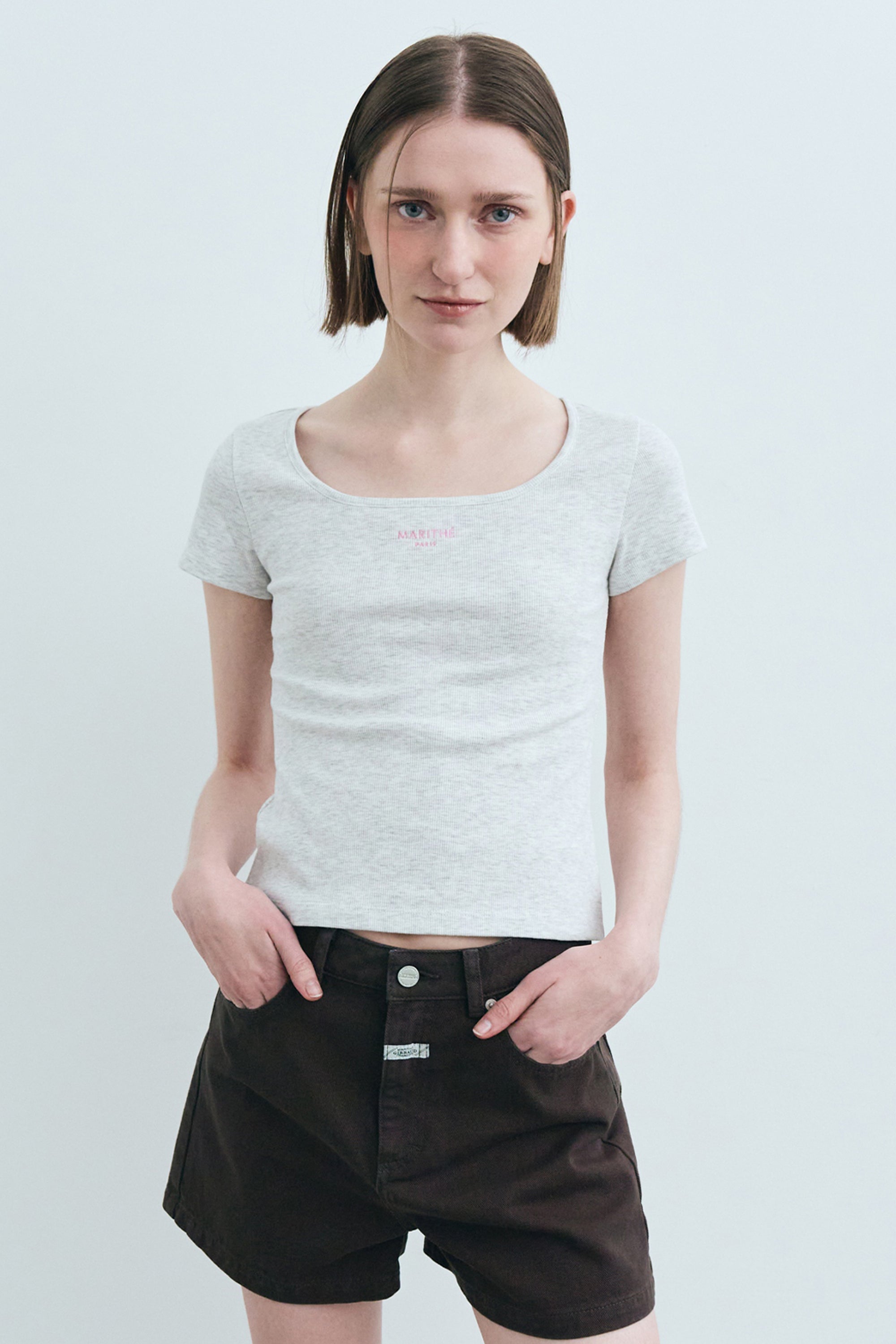 W Slim Fit Square Neck Tee Light Heather Gray