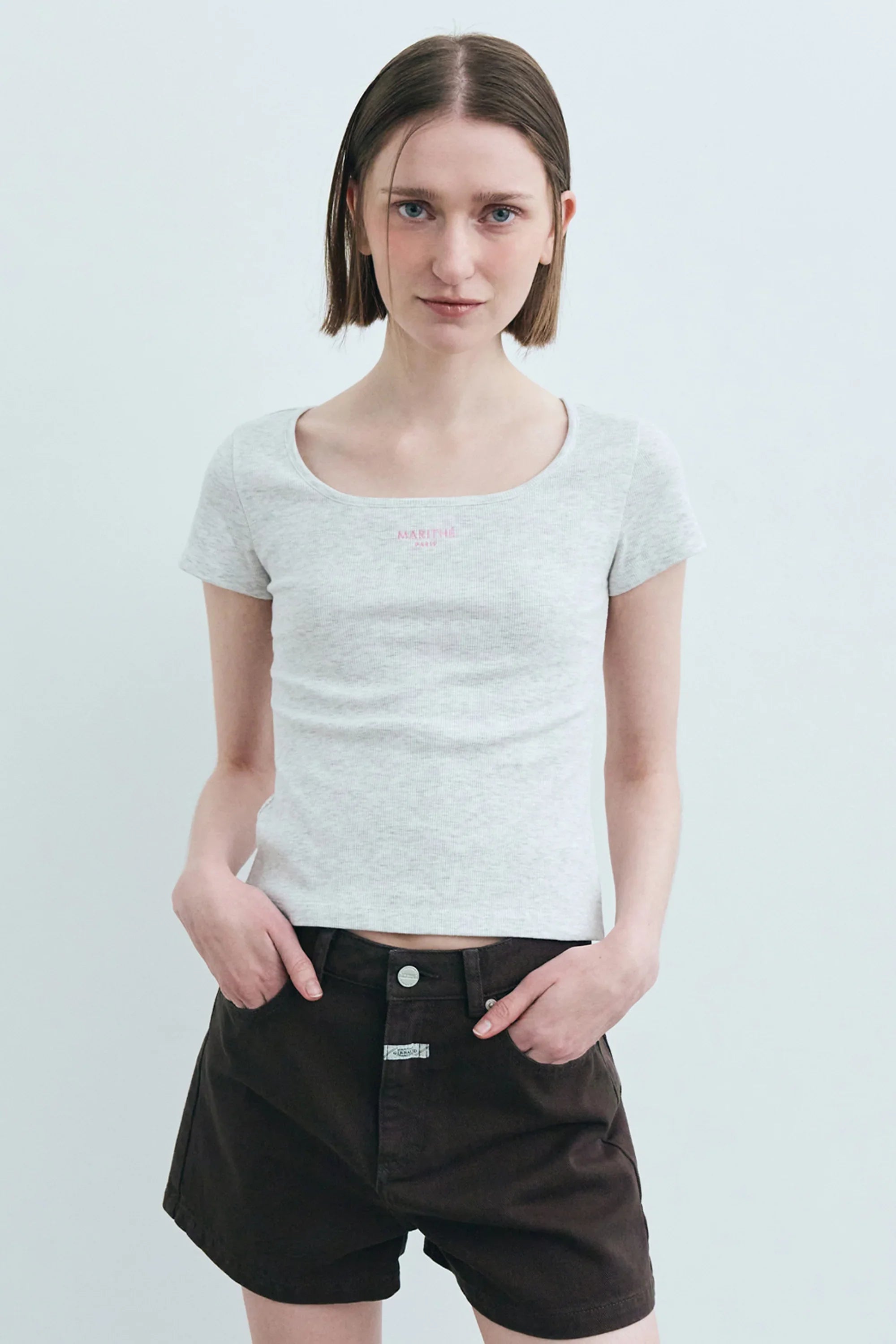 W Slim Fit Square Neck Tee Light Heather Gray