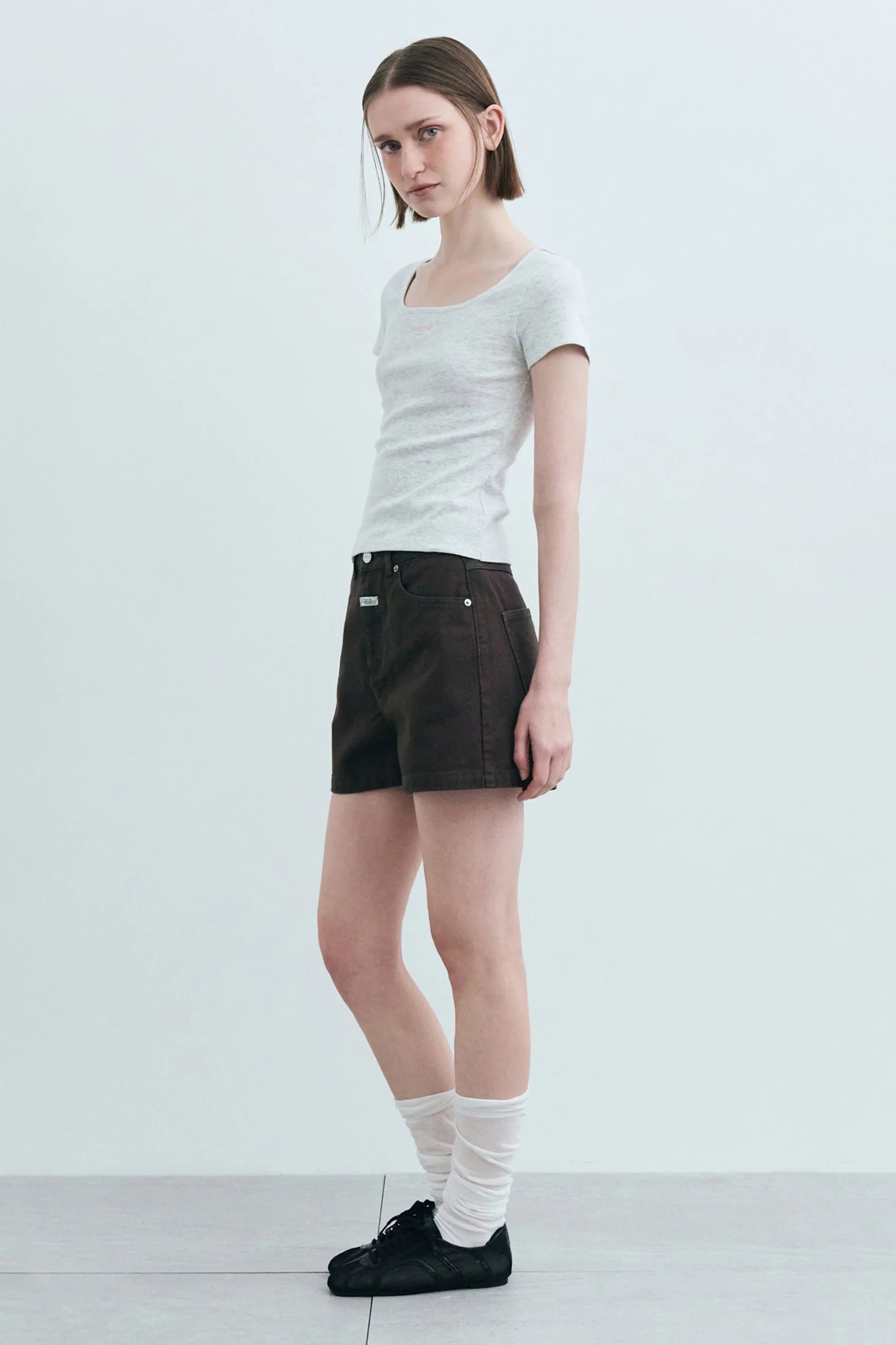 W Slim Fit Square Neck Tee Light Heather Gray