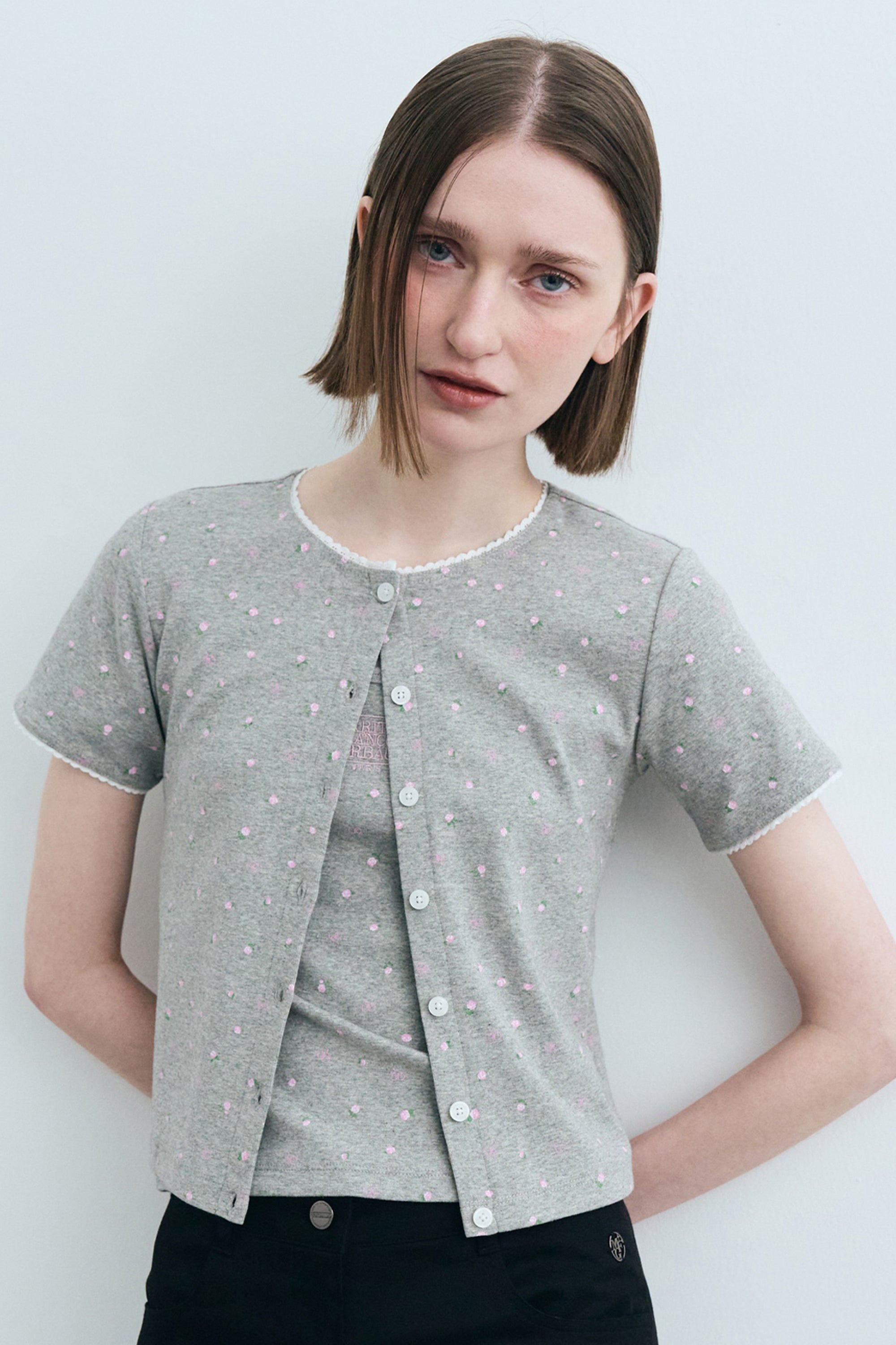 Flower Cardigan Tee Melange Gray