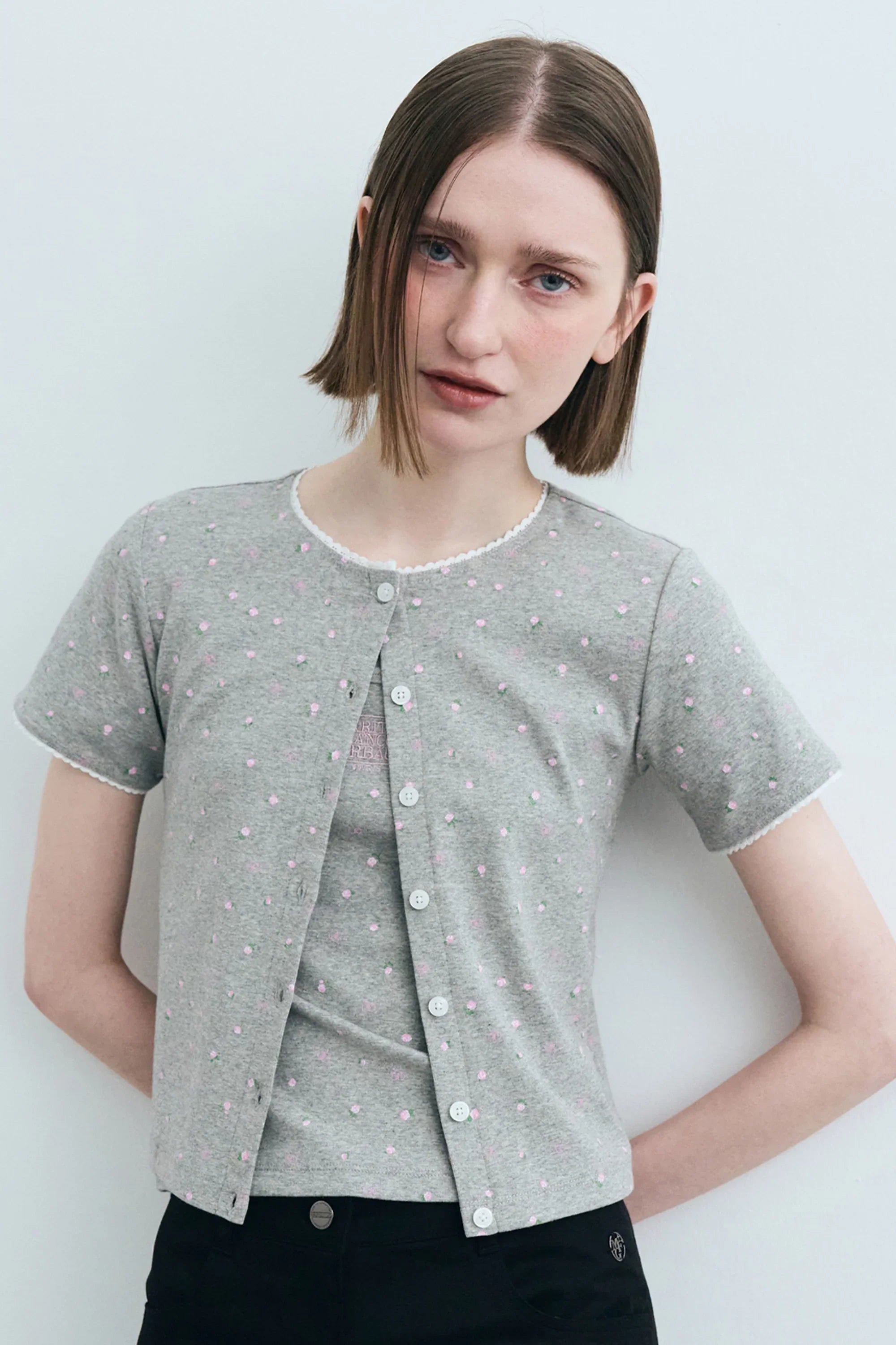 Flower Cardigan Tee Melange Gray