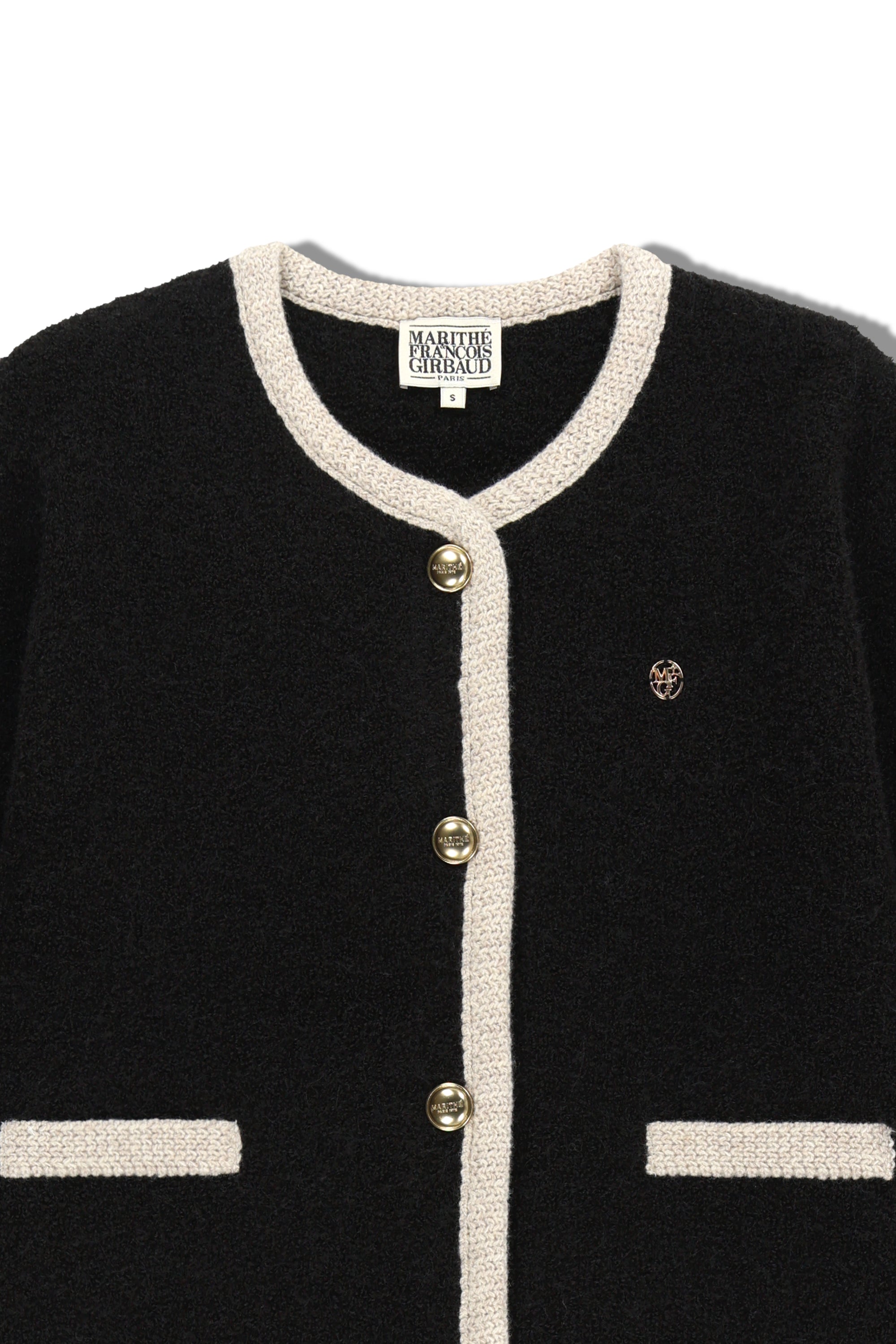 W Boucle Knit Round Neck Cardigan Black