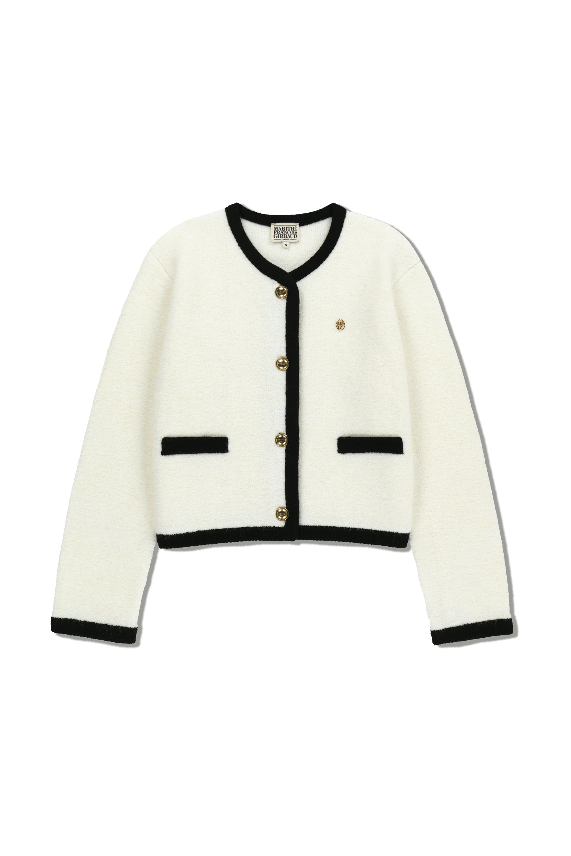 W Boucle Knit Round Neck Cardigan Ivory