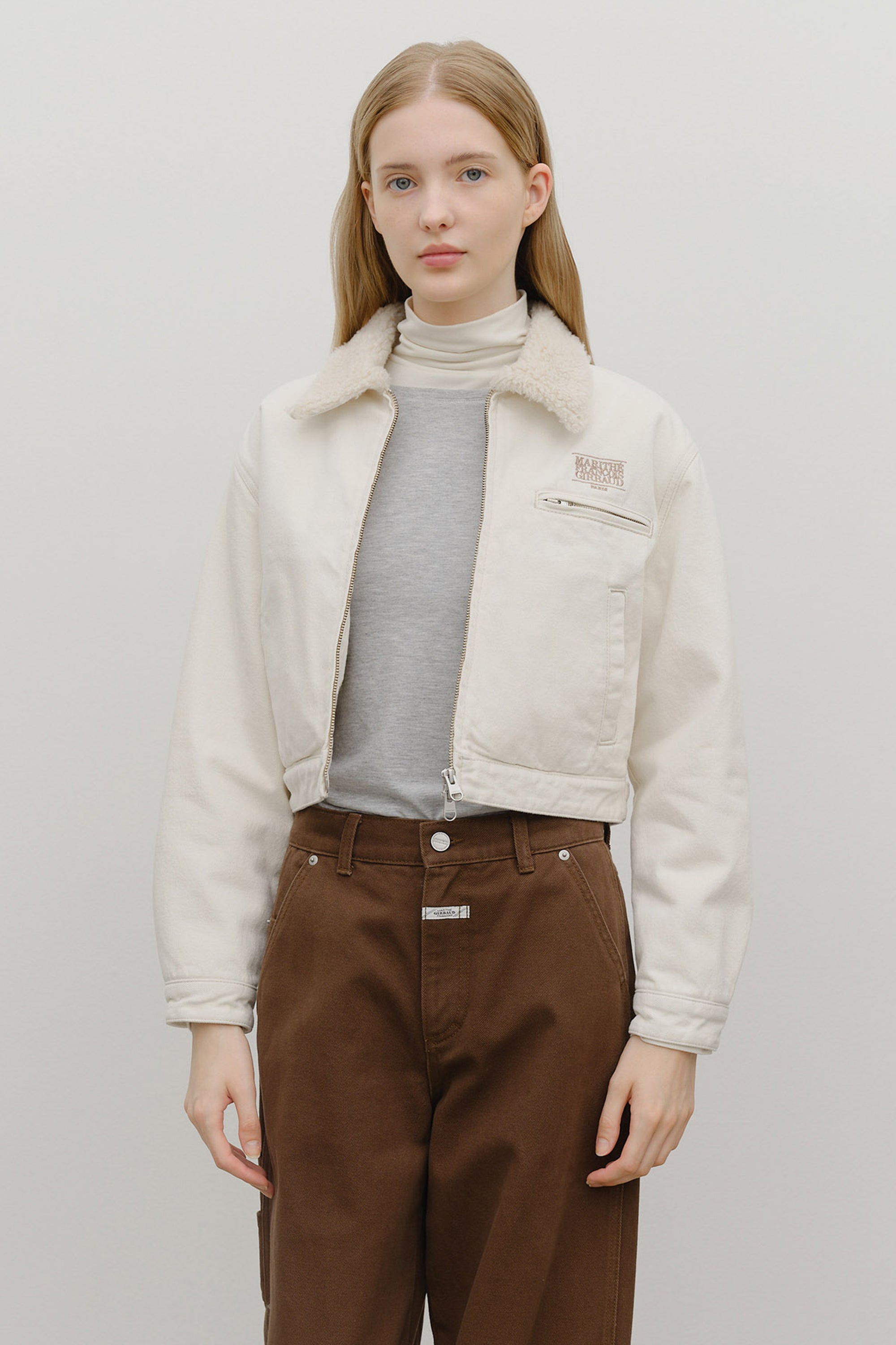 W Crop Shearling Denim Jacket Ecru