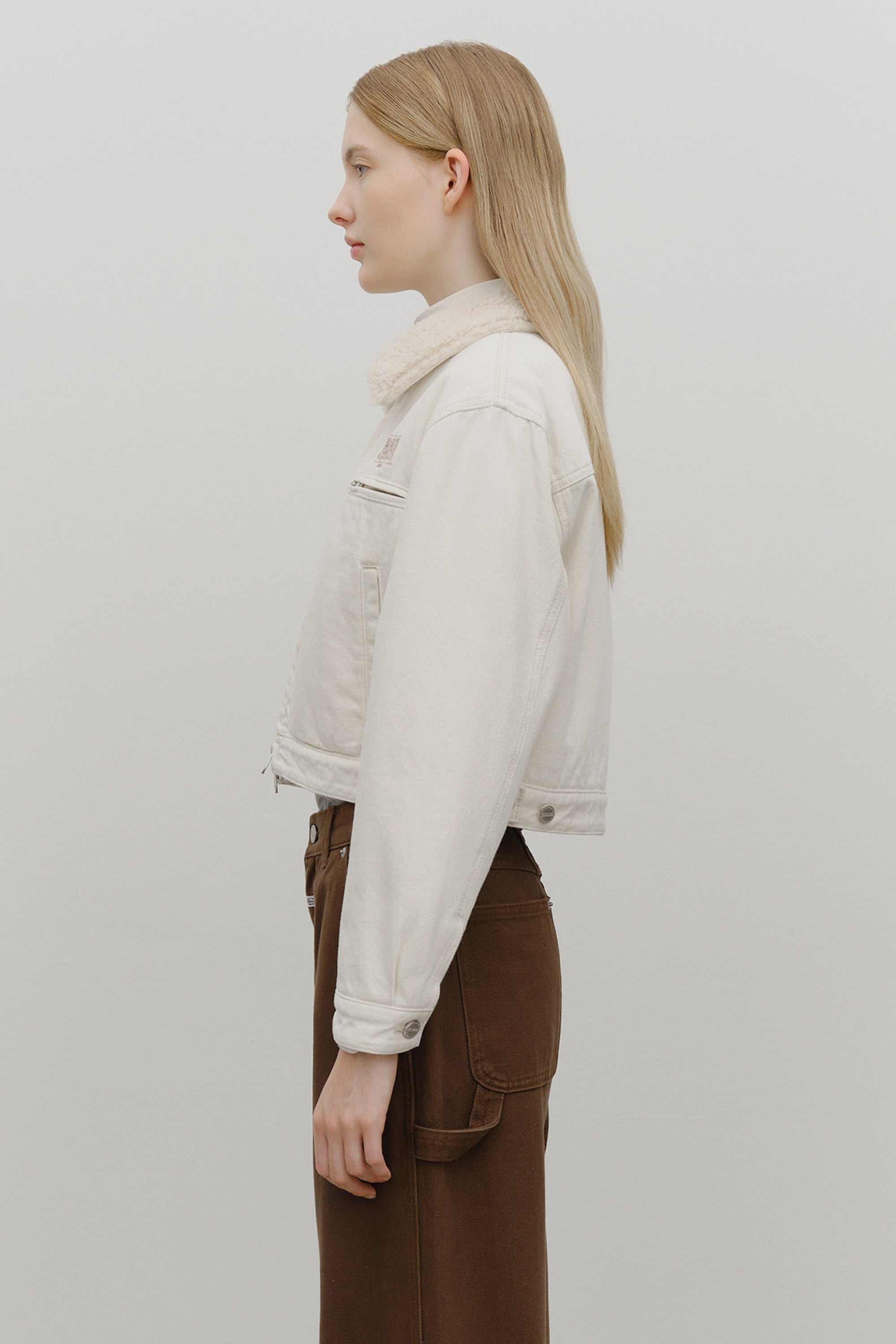 W Crop Shearling Denim Jacket Ecru