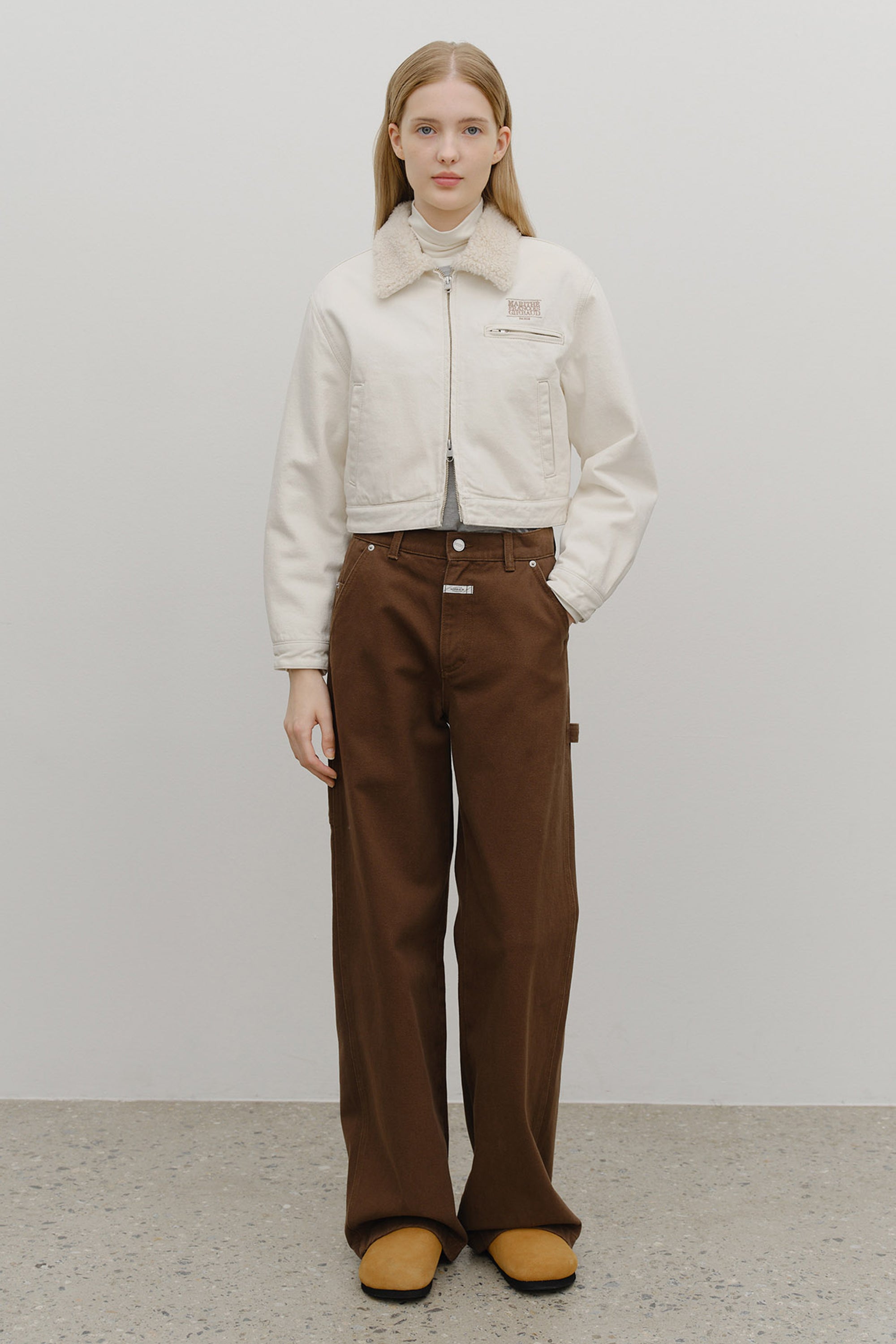 W Crop Shearling Denim Jacket Ecru