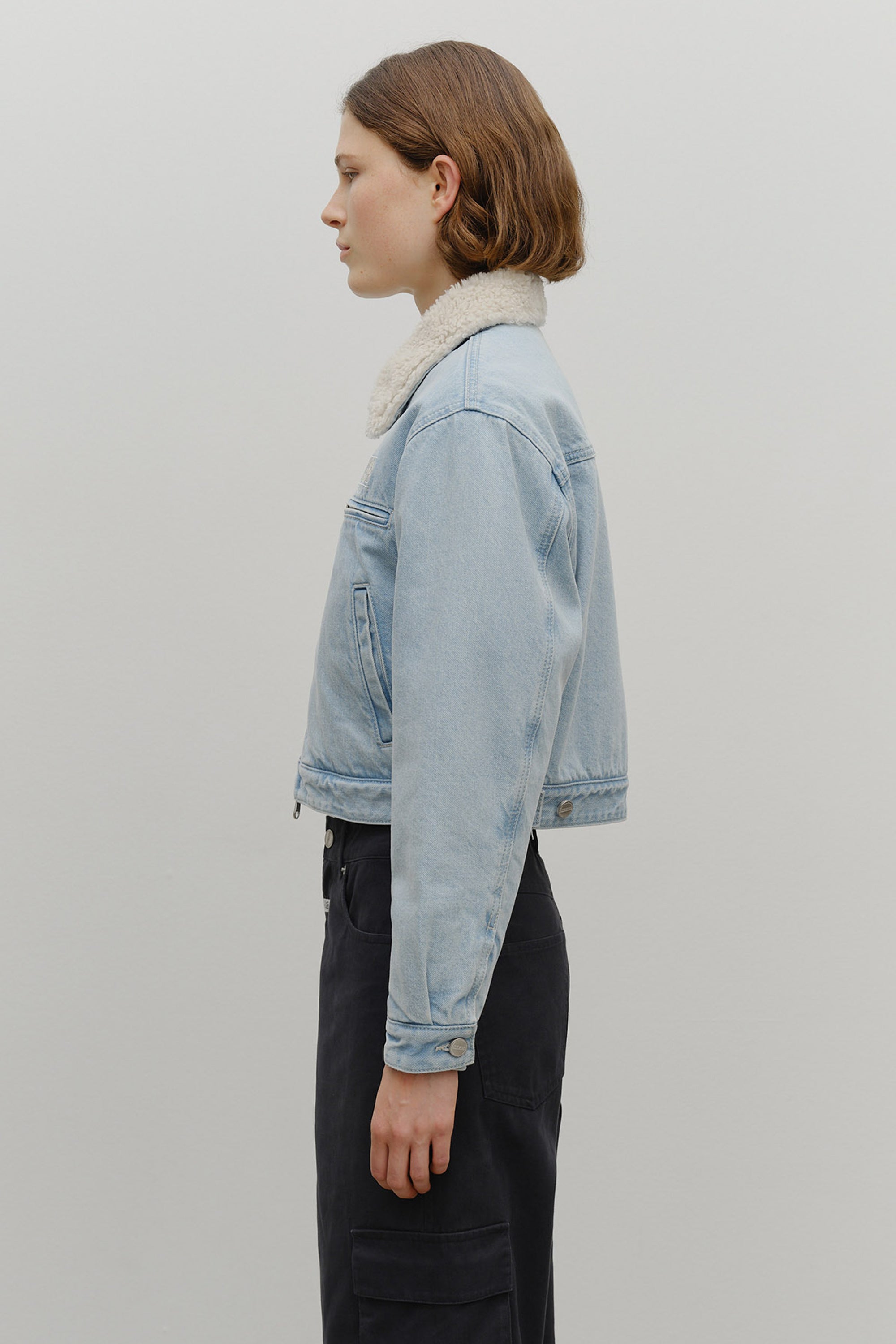 W Crop Shearling Denim Jacket Light Blue