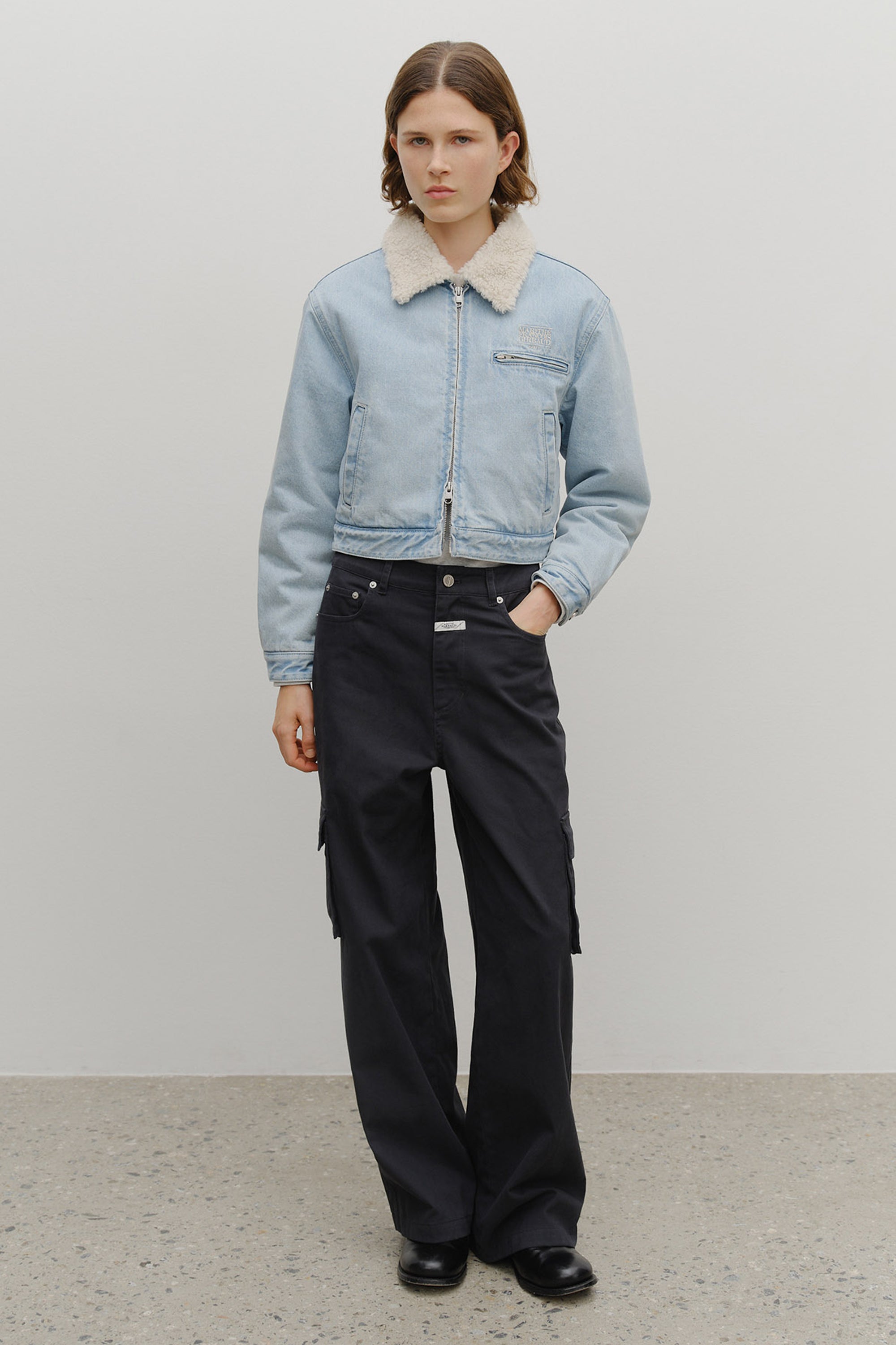 W Crop Shearling Denim Jacket Light Blue