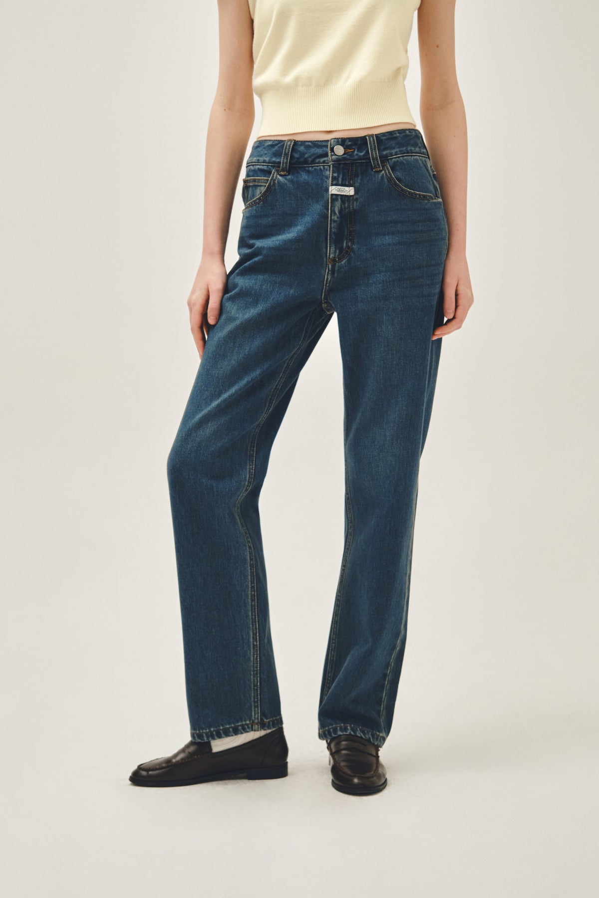 W Slim Staright Denim Pants Dark Blue