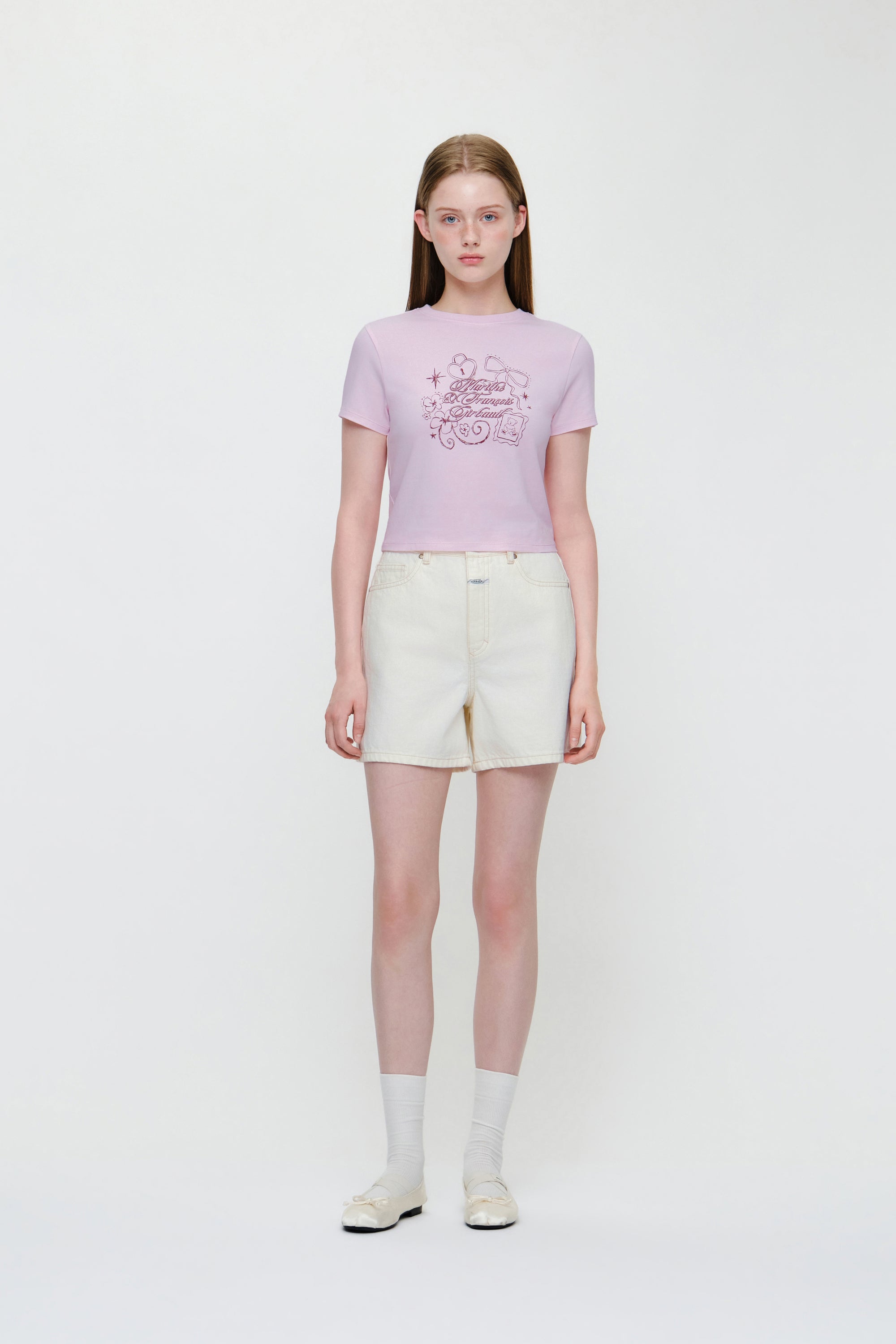 W Ribbon Logo Slim Fit Crop Tee Light Pink