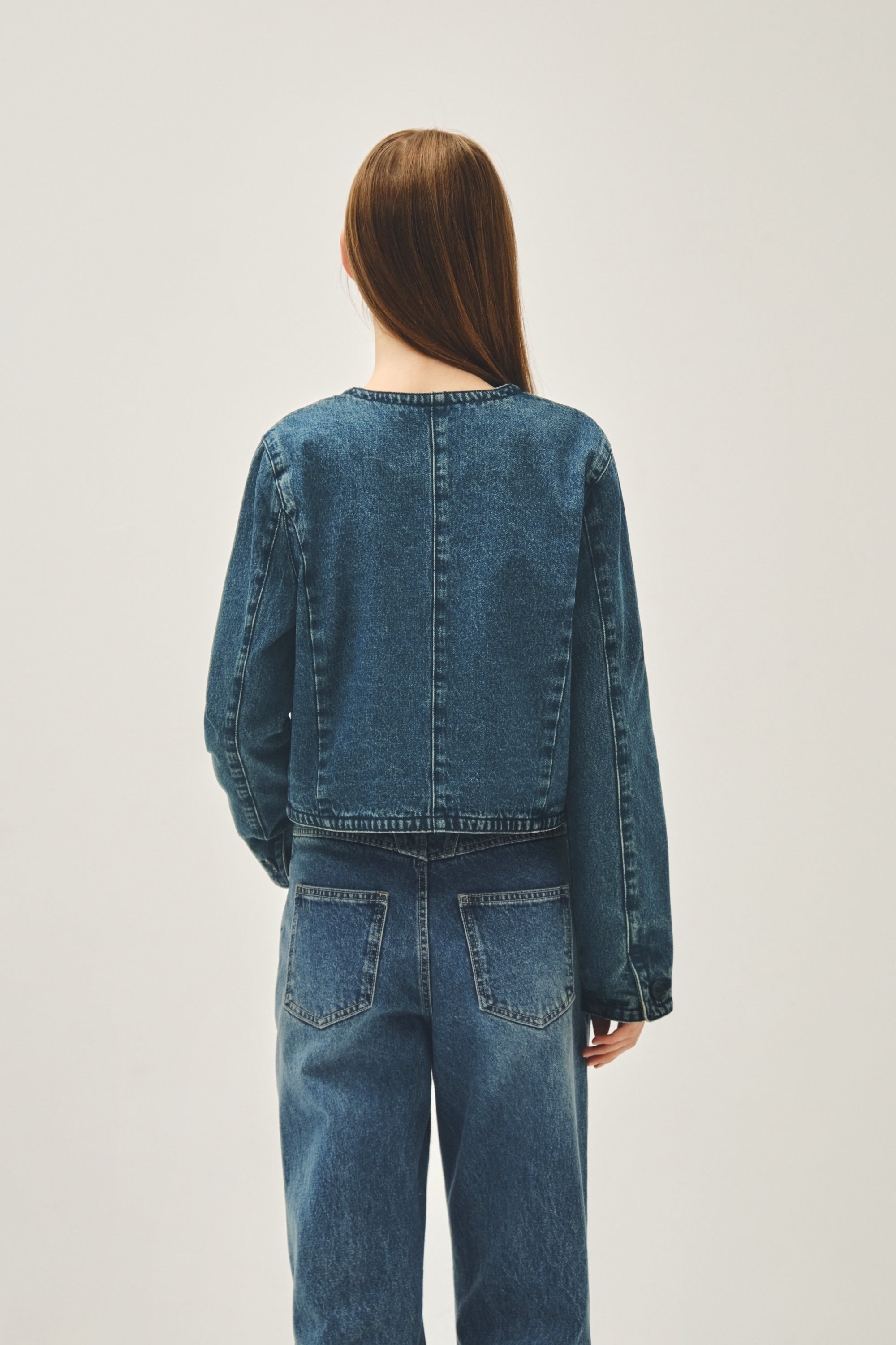 W Round Neck Denim Jacket Dark Blue
