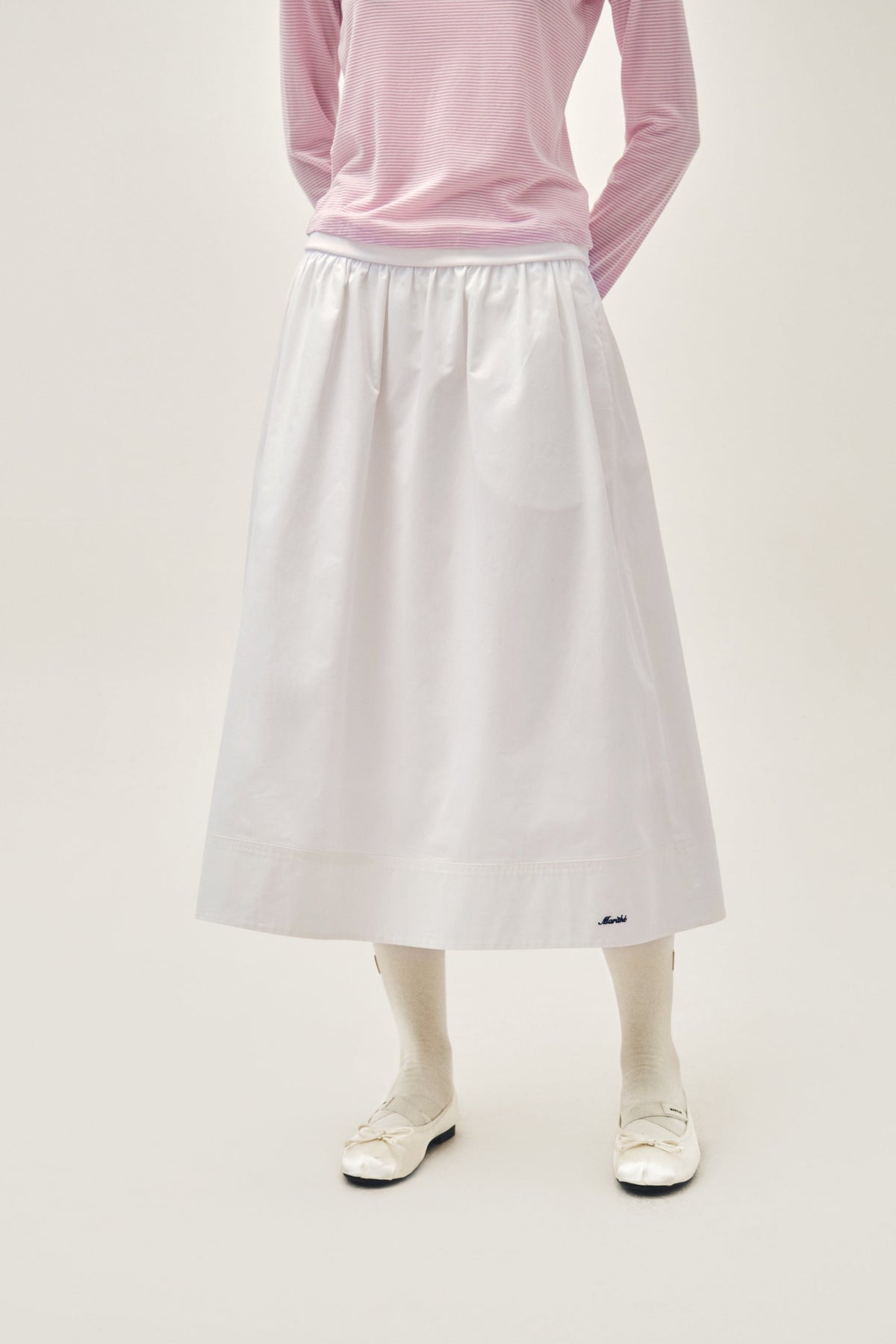 W Cotton Waist Wrinkle Skirt White