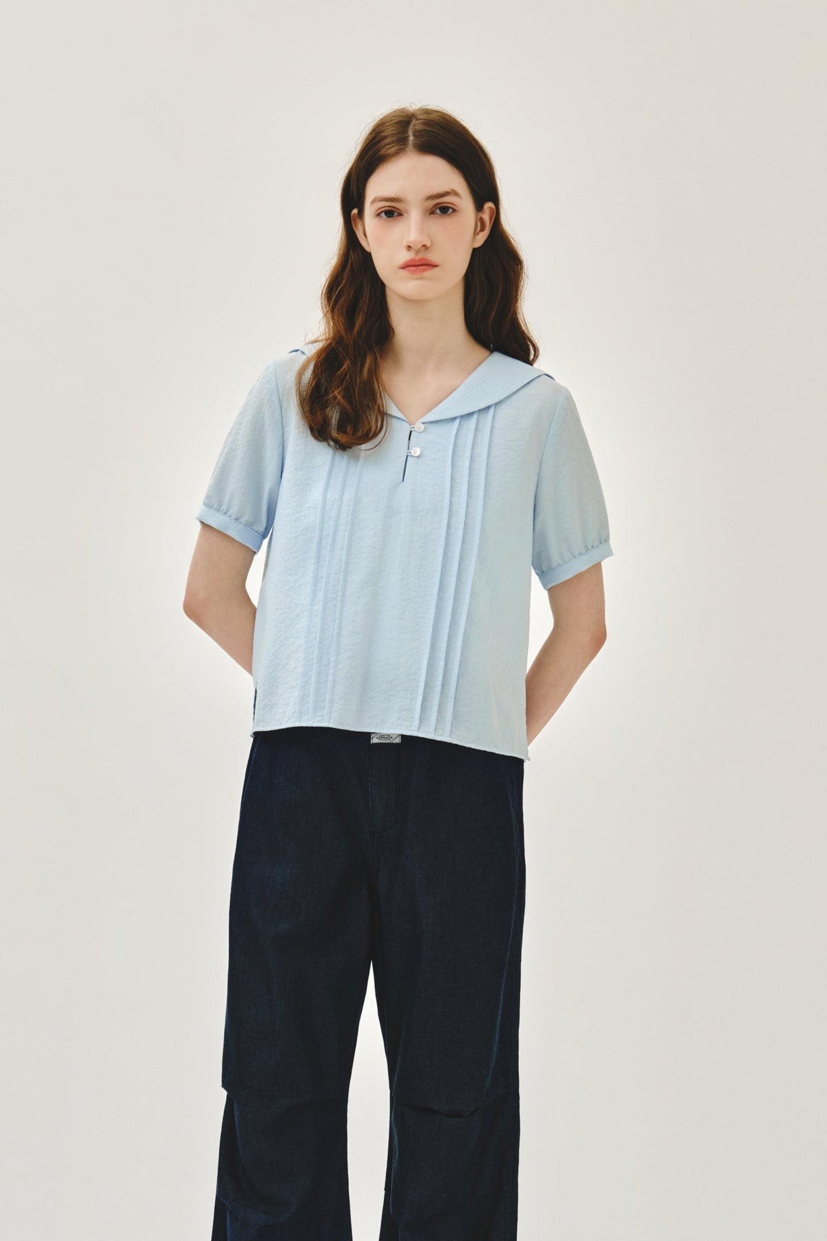 W Pin Tuck Sailor Half Sleeve Shirt Sky Blue