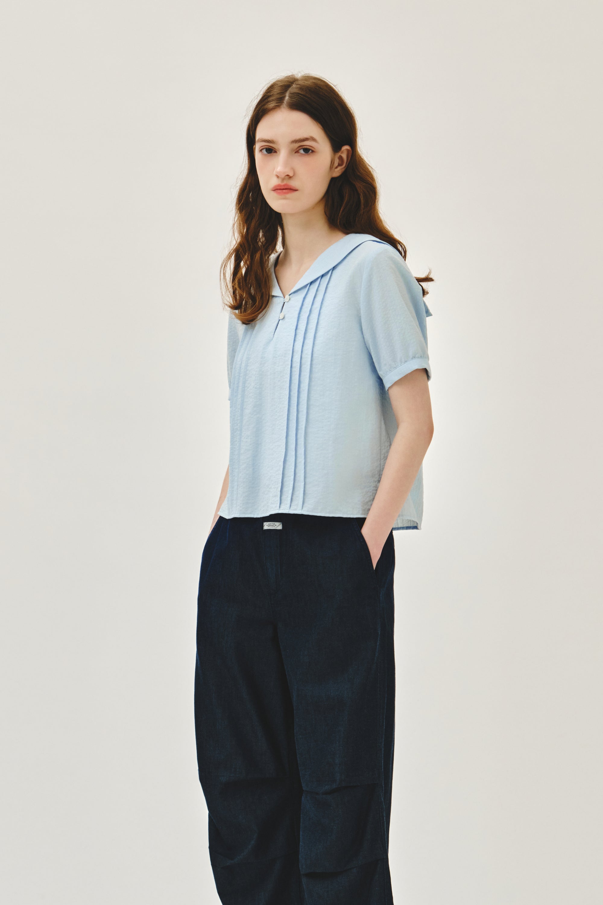W Pin Tuck Sailor Half Sleeve Shirt Sky Blue