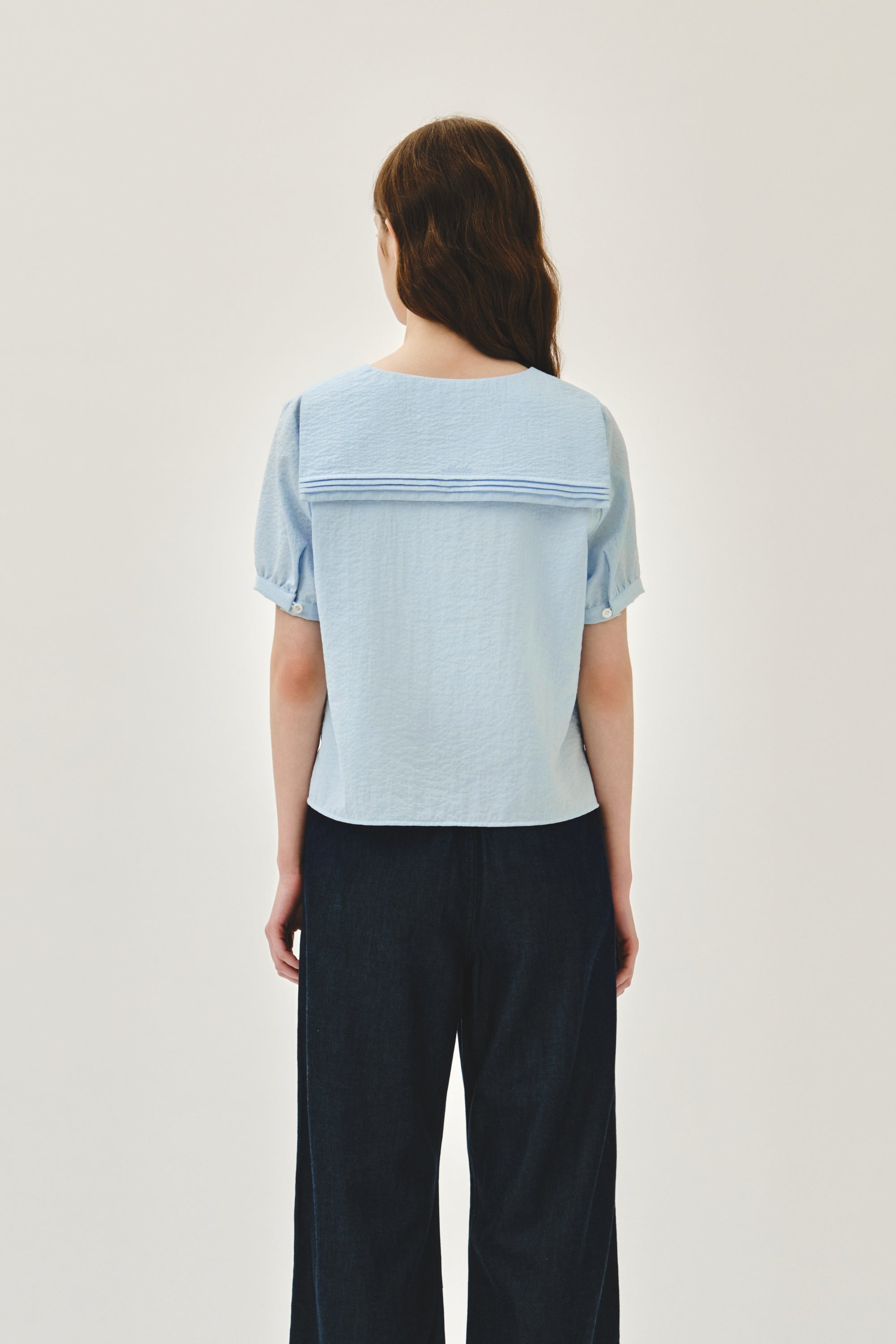 W Pin Tuck Sailor Half Sleeve Shirt Sky Blue
