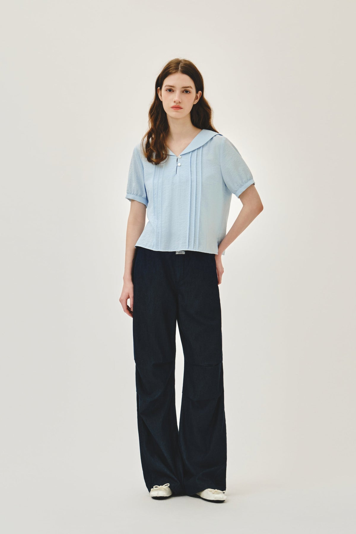 W Pin Tuck Sailor Half Sleeve Shirt Sky Blue