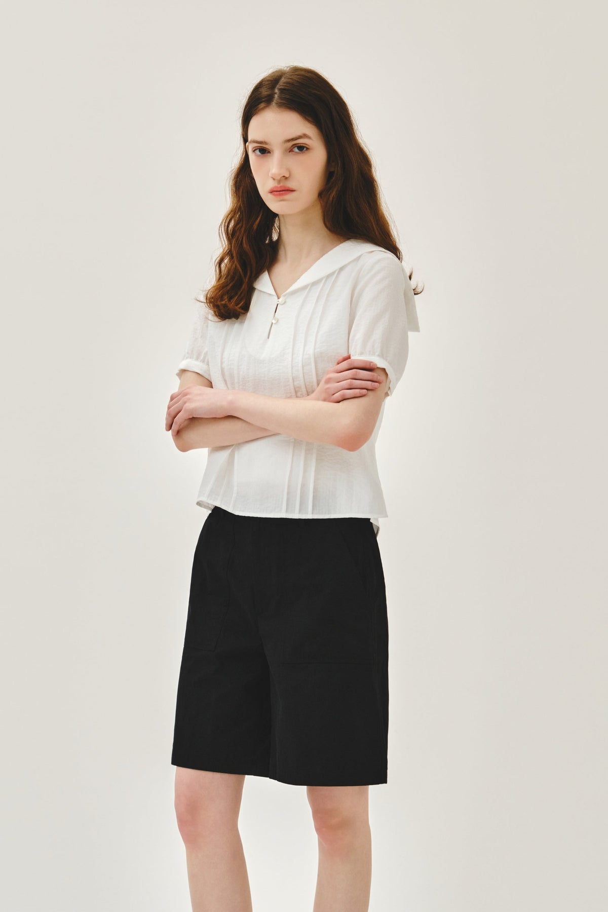 W Pin Tuck Sailor Half Sleeve Shirt White