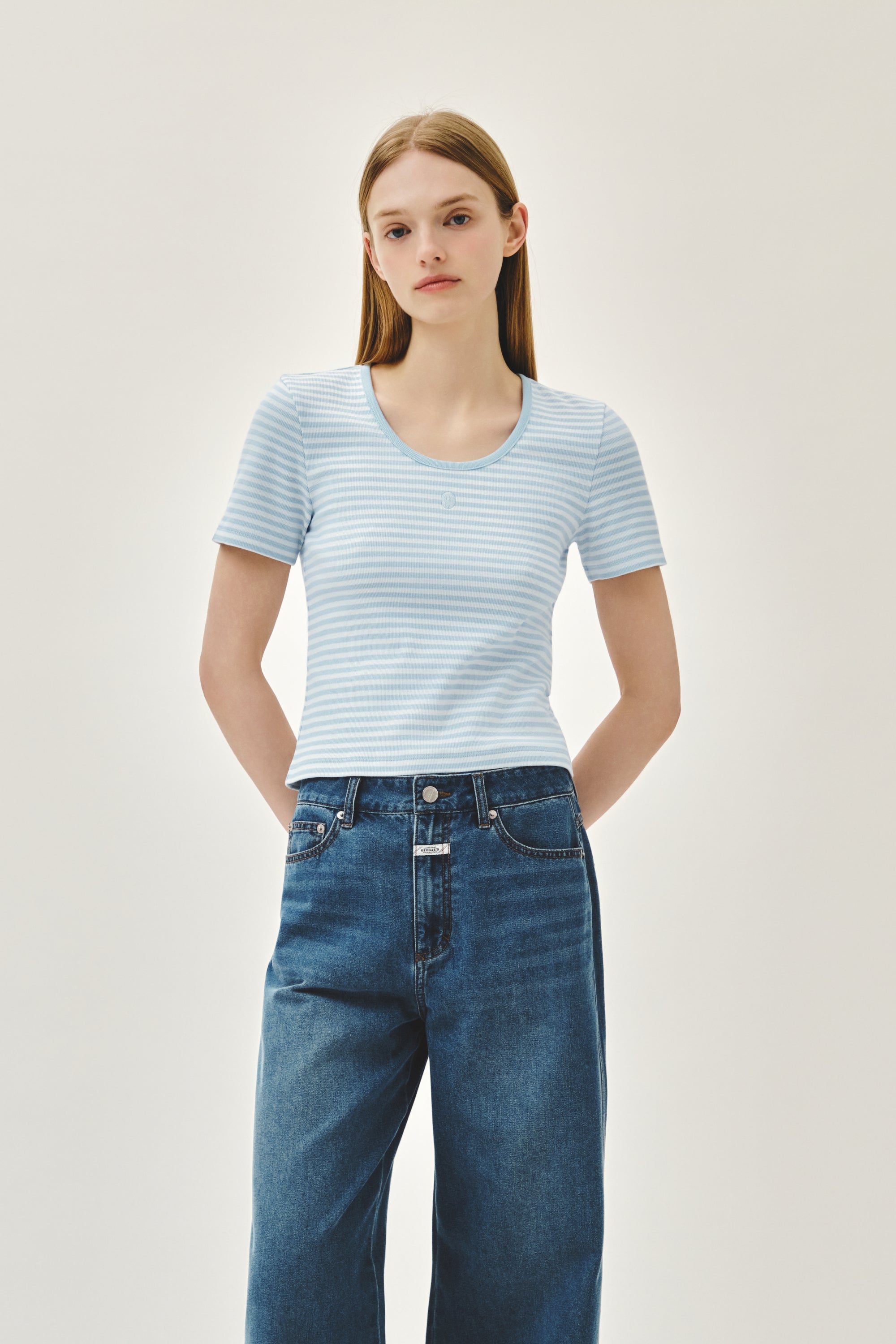 W Deep Neck Ringer Tee Sky Blue