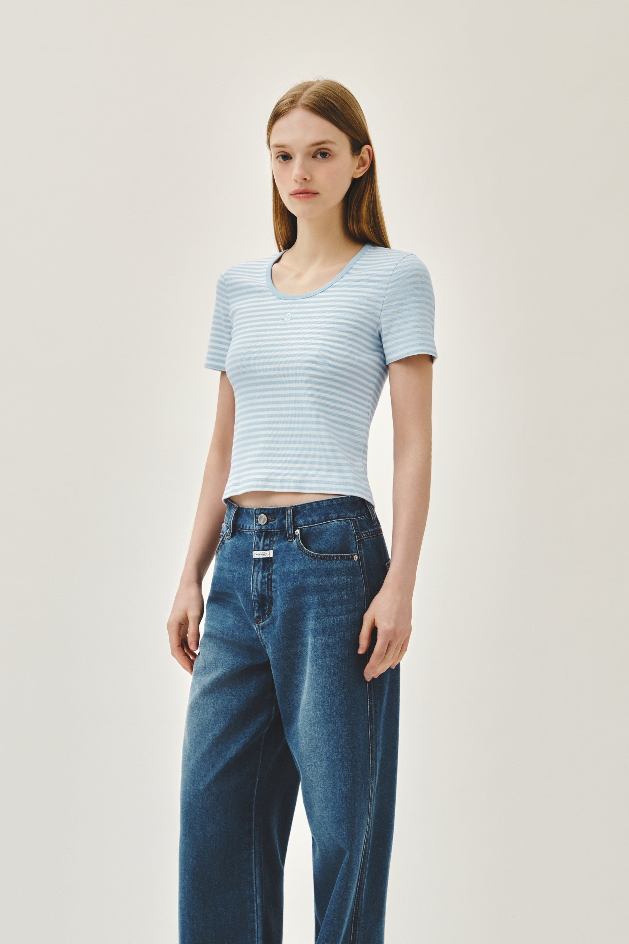 W Deep Neck Ringer Tee Sky Blue
