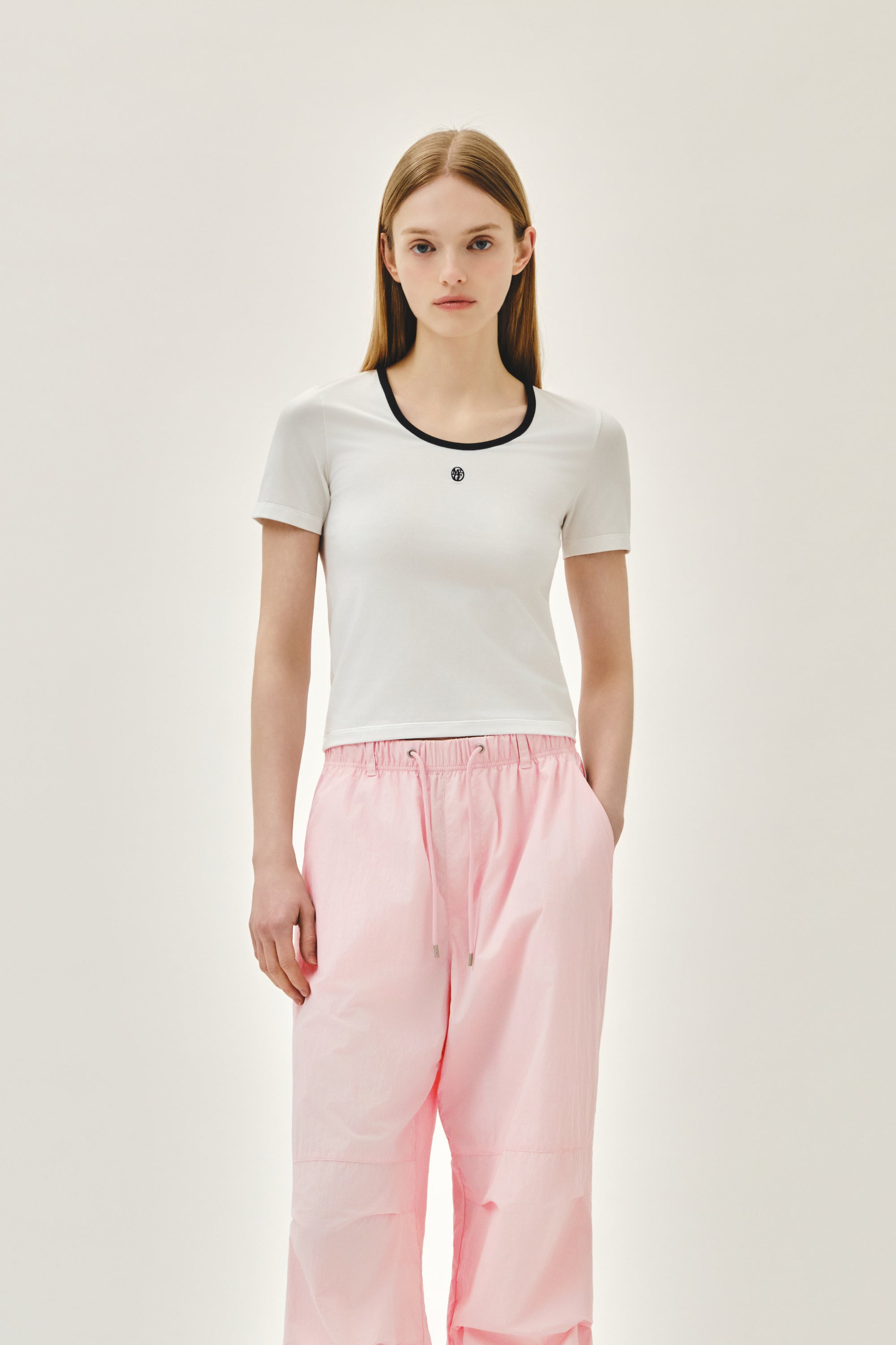 W Deep Neck Ringer Tee White