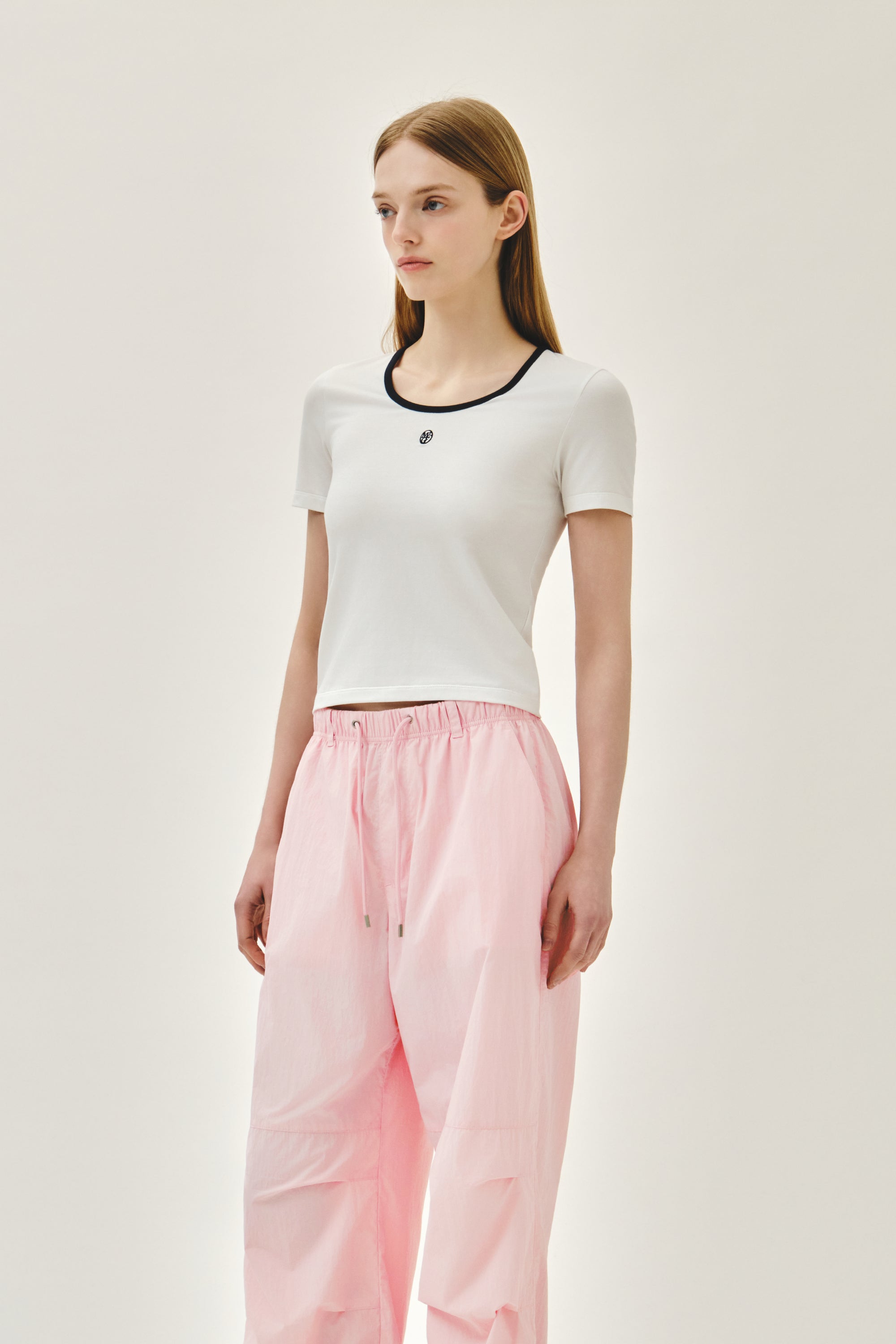 W Deep Neck Ringer Tee White